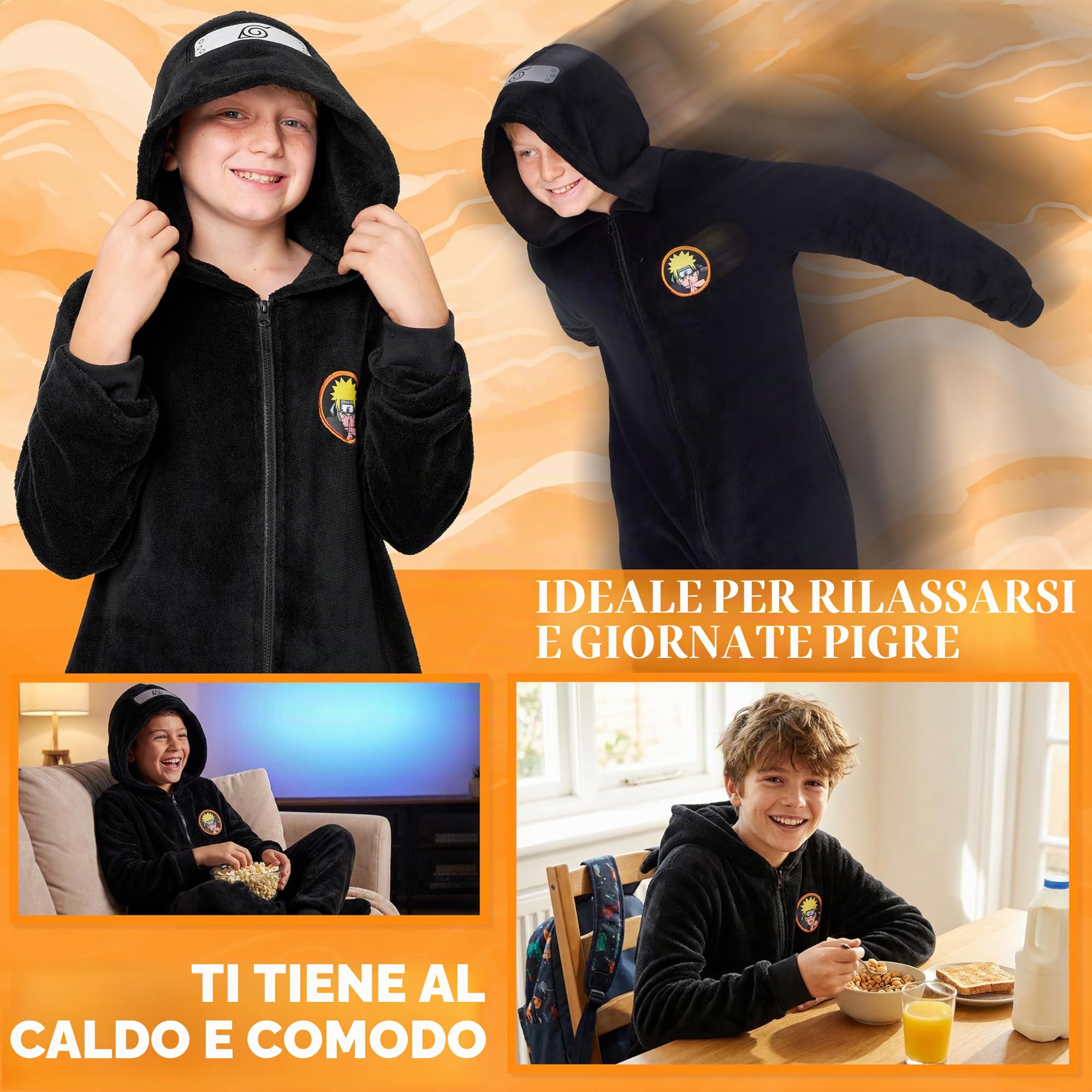 Get Trend Naruto Tuta Intera Bambino Adolescenti, Pigiama Intero con Cappuccio, Abbigliamento da Casa Anime, Regalo Ragazzo
