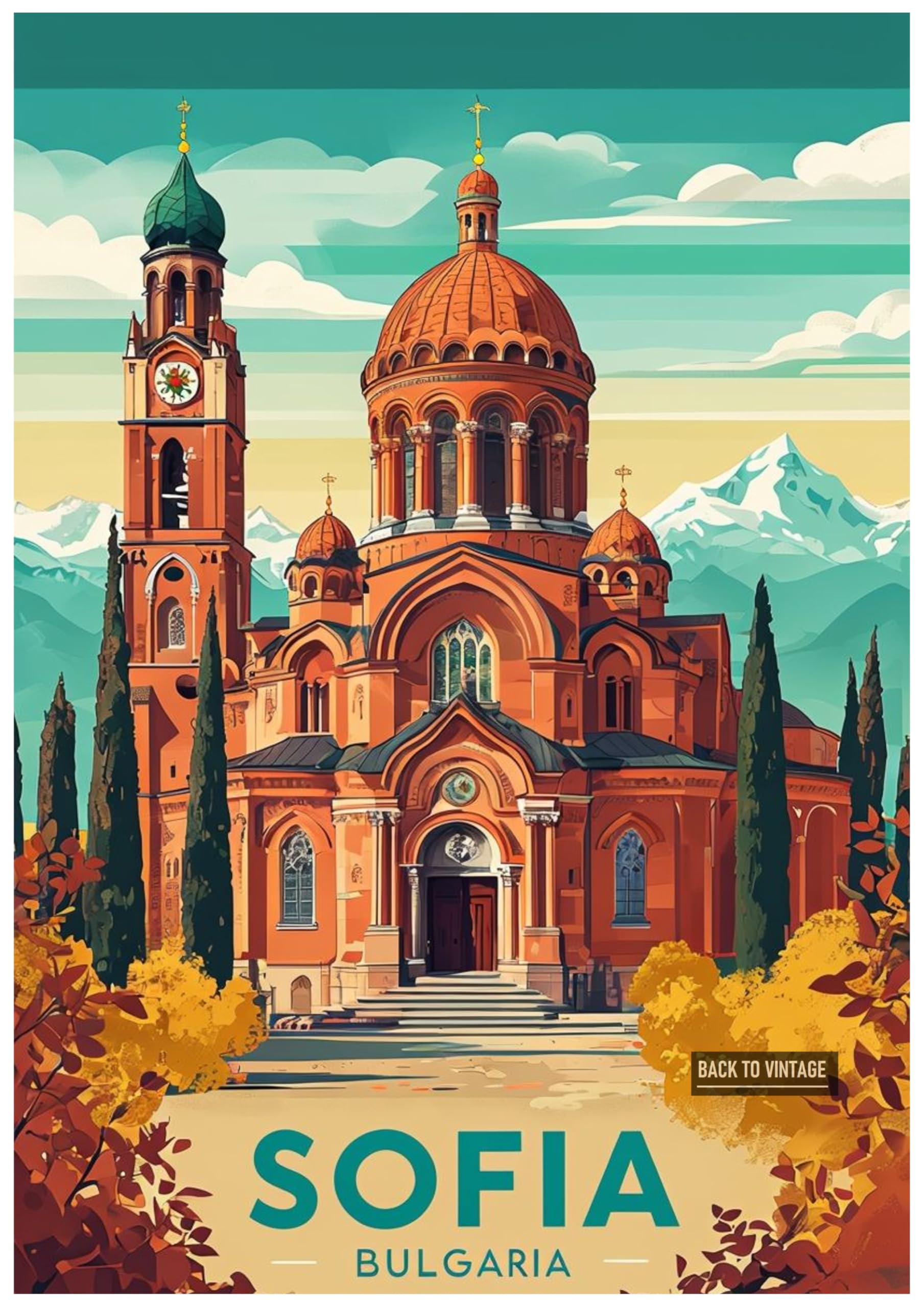 Vibrant Digital Art Poster Of Sofia City Bulgaria With Historic Landmark - Retro Europe Travel Poster A4 Size Vintage Wall Art Print of Famous European Destinations Ideal for Home or Office Decor