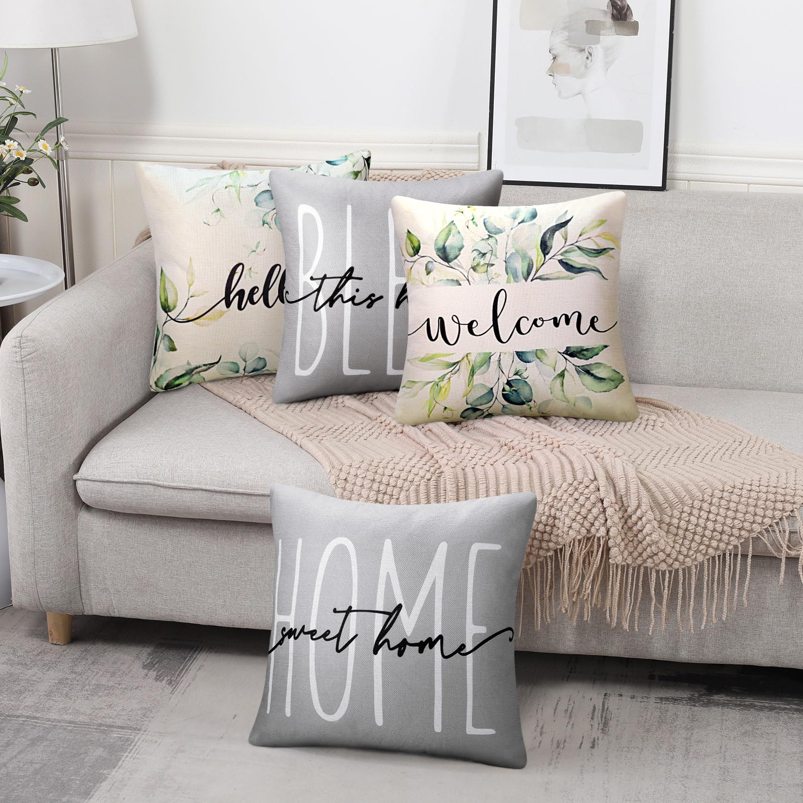 Set Di 4 Federe Per Cuscini 40x40 Cm Con Foglie Di Eucalipto E Scritte Home Sweet Home – Stile Shabby/fattoria - 2