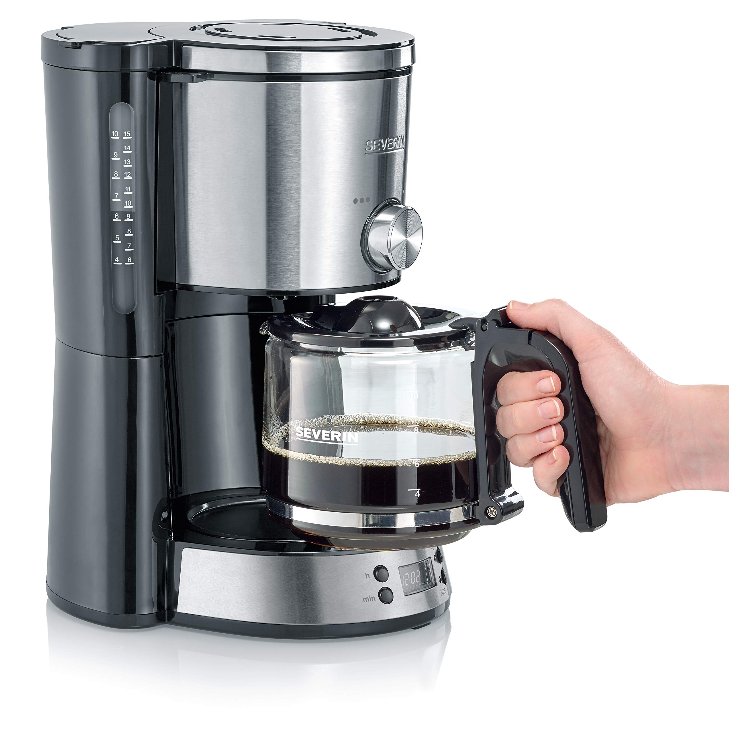 Severin Cafetière Programmable "TYPE Switch", 1000 W, jusqu‘à 10 tasses, AromaSwitch, Sélecteur d'arômes, Noir/Inox, KA 4826