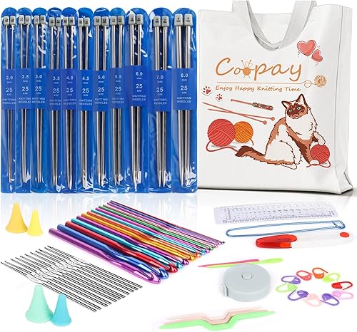 Coopay Kit de tejer 72 agujas de tejer para principiantes, el juego de inicio de tejer incluye un juego de principiantes de punto de metal de 9.8