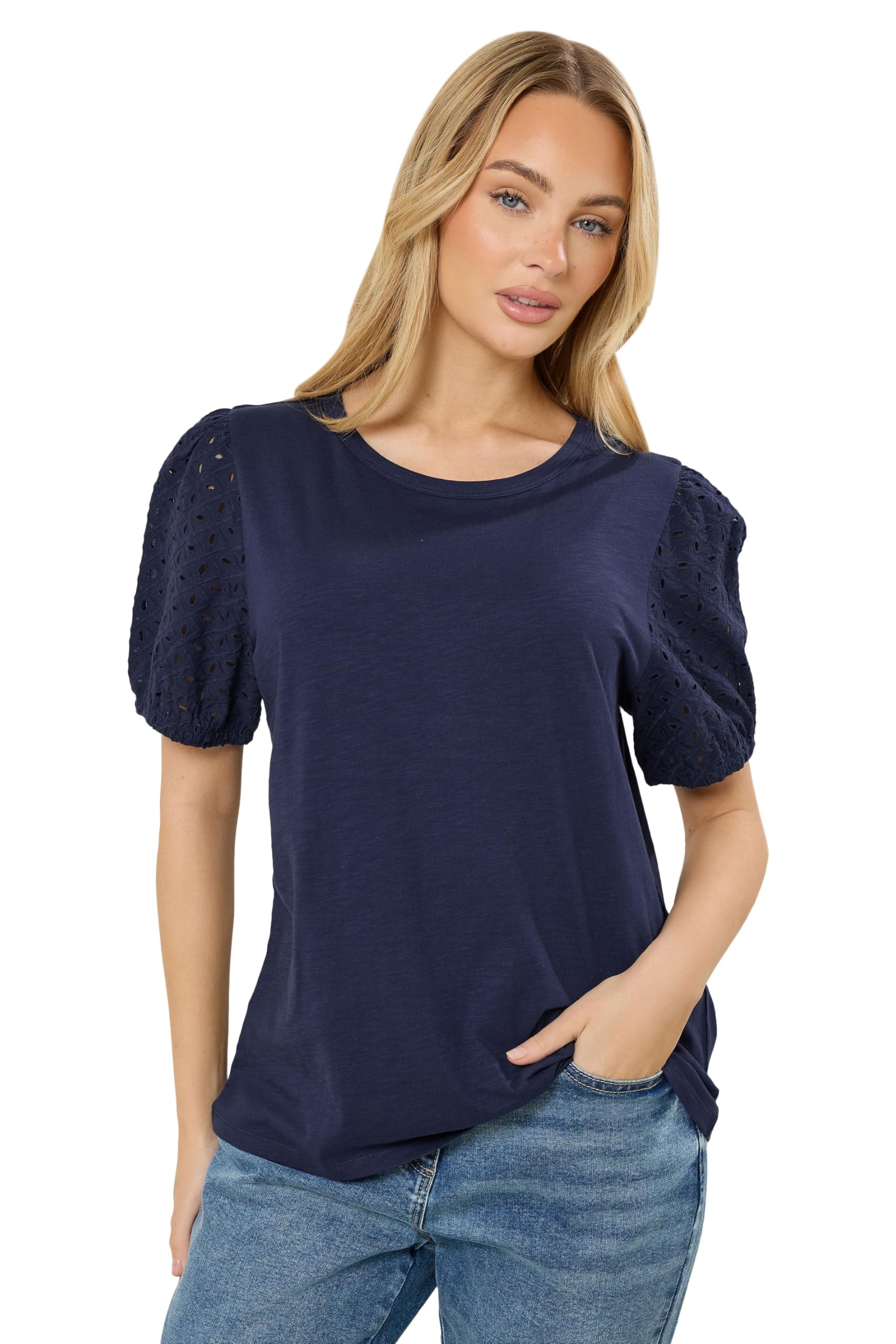M&Co Women's Mid Navy Broderie Cotton Puff Sleeve Top In Size 18
