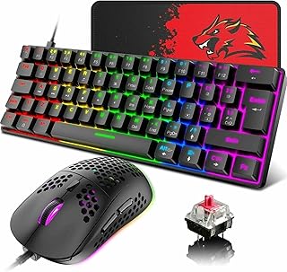 Compact 60% Mechanical Gaming Keyboard Mouse Mat Combo 6400DPI Honeycomb Mice (Black/Red Switch) product image