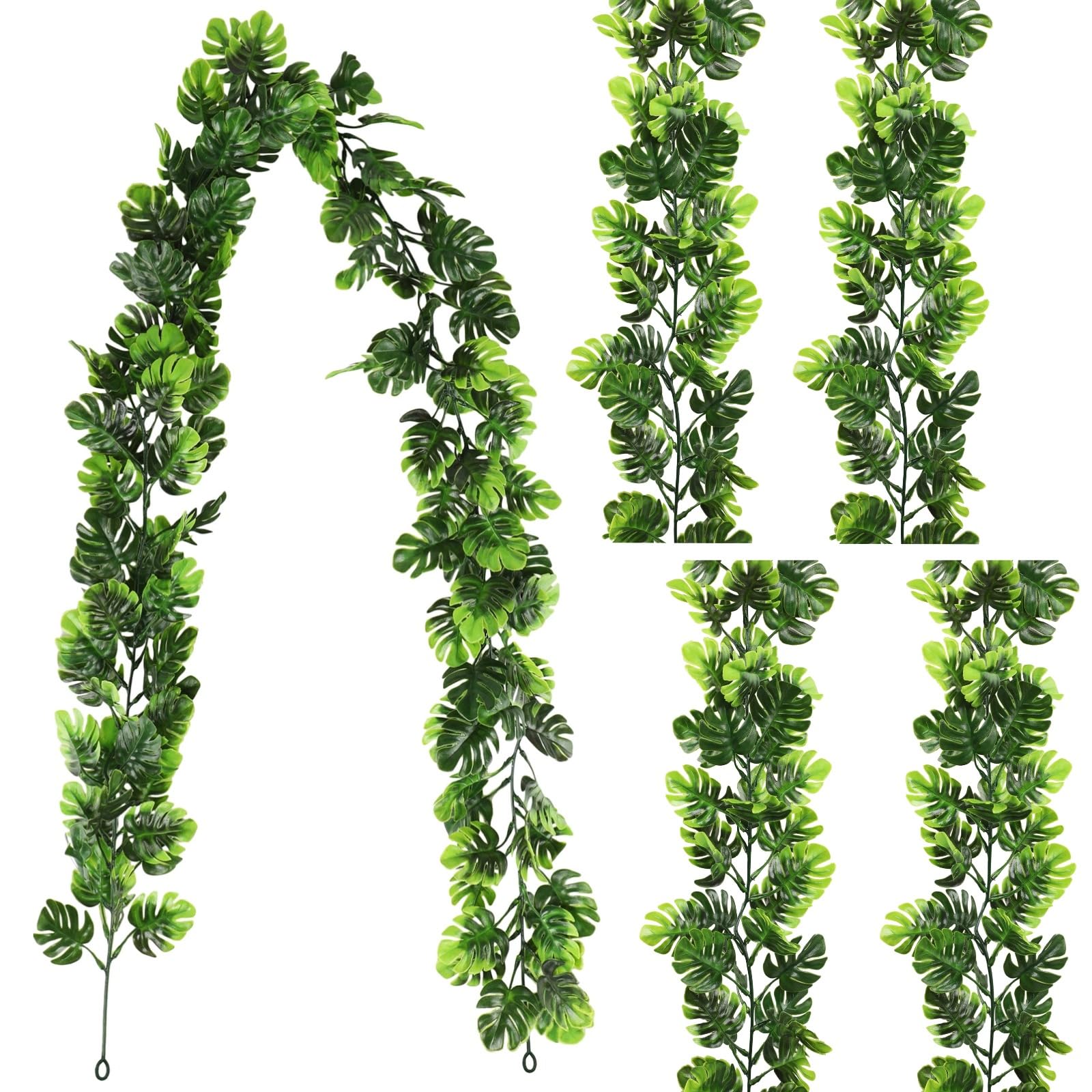 4 STK. künstliche Monstera-Blattranken, 5,8 Fuß hängende Grünpflanzen mit abnehmbaren tropischen Palmblättern, Kunststoff-Efeu-Monstera-Girlande für Garten, Veranda, Terrasse, Hawaii-Party-Deko