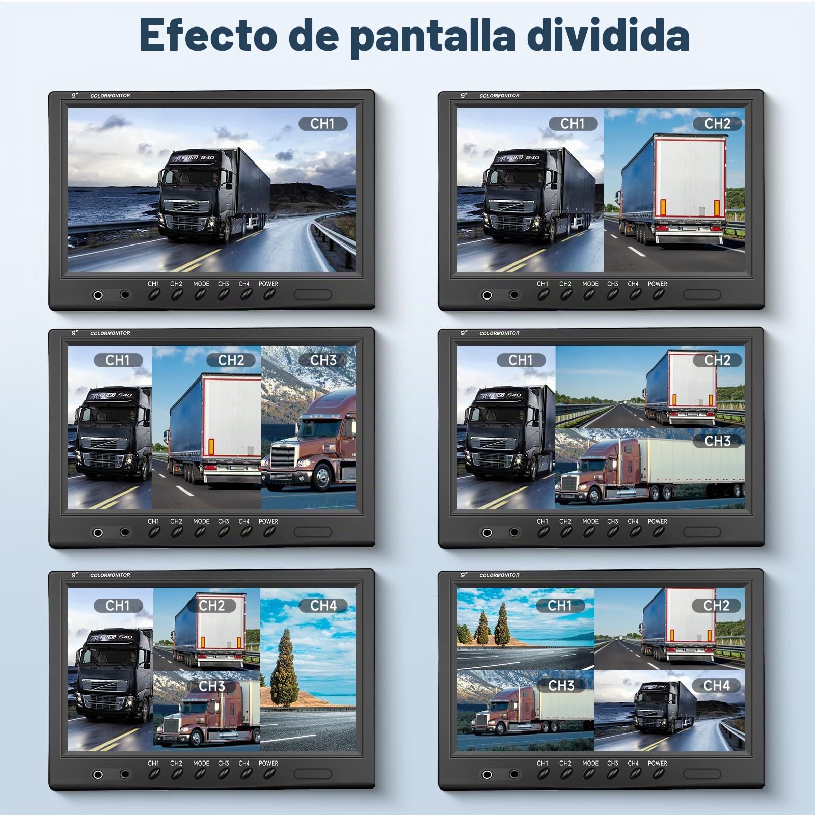 Podofo Cámara De Visión Trasera 9'' Monitor 4 Cámaras Configuran 4 Pantalla Dividida IP68 Visión Nocturna Impermeable Para Camiones / Remolques Con Cable 2x10m + 2x20m 4 Pin 12 - 24V