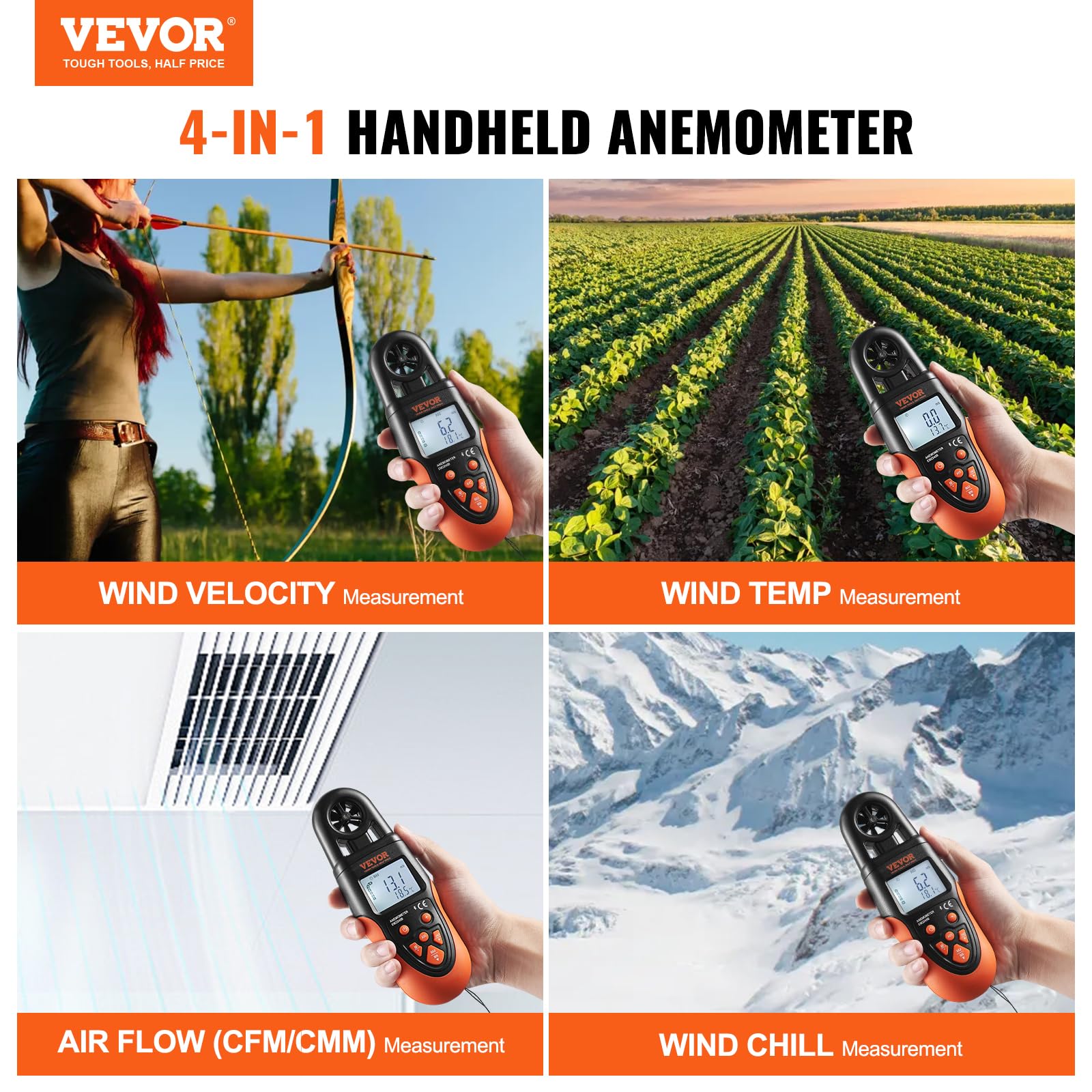 VEVOR Anémomètre Portable -10 ℃ à 60 ℃ Mesure Vitesse du Vent, Température du Vent, Flux d'Air, Refroidissement Éolien, Anémomètre Numérique avec Écran Rétroéclairé LED pour Voile Surf Drone Vol CVC
