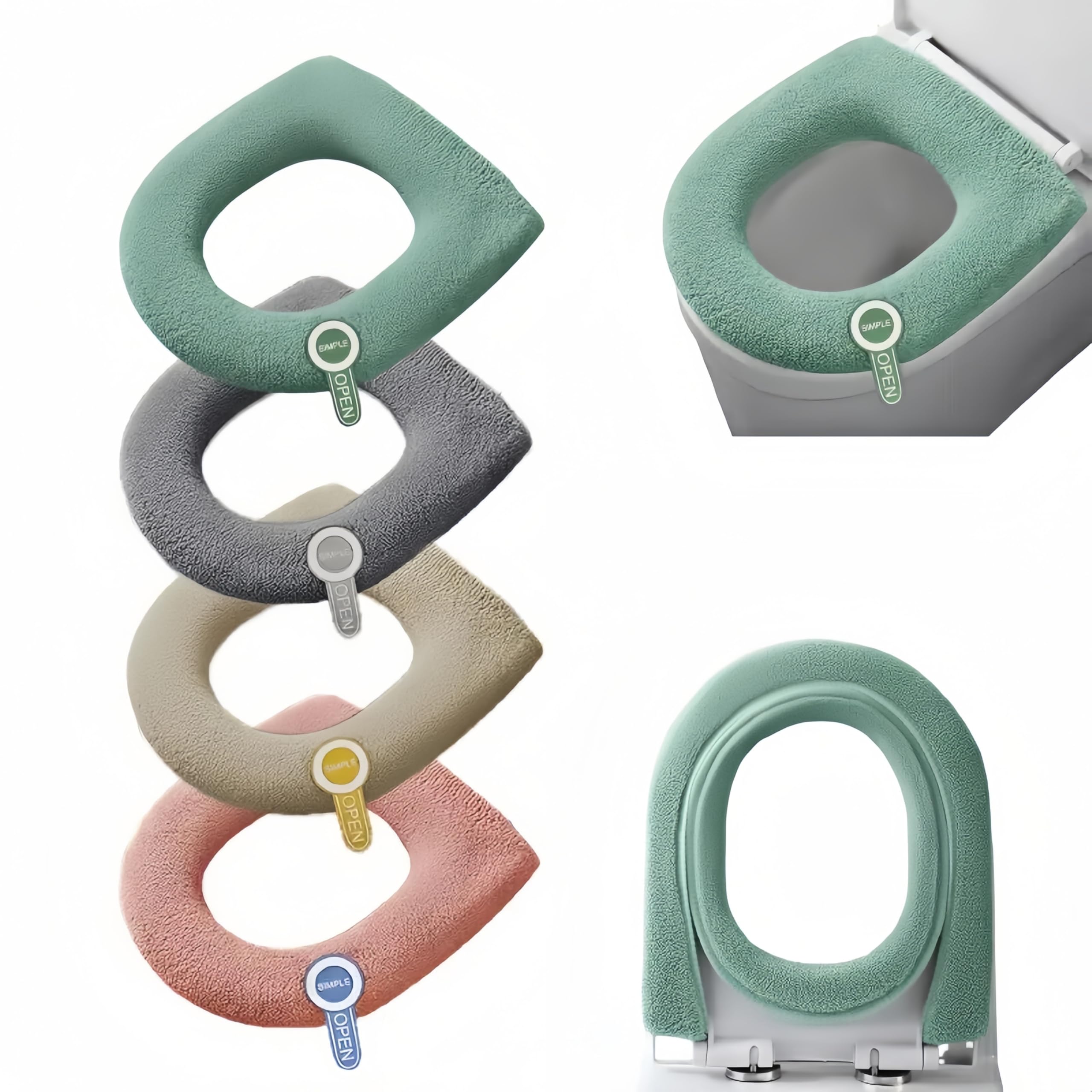 4-Pack Bathroom Washable Toilet Seat Cover Pads - Universal Fit for Elongated/Round Toilets, Winter Warmth & Summer Breathability for Family Bathroom Comfort (Mix and match)
