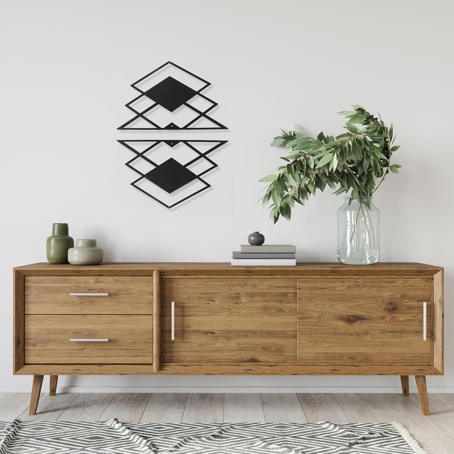 GouZaak Black Metal Minimalist Geometry Wall Art, Boho Bohemian Line Wall Decor, Modern Abstract Wall Art for Bedroom Living Room Bathroom (2 Pack, Rhombic, 17.7" x 13.5")