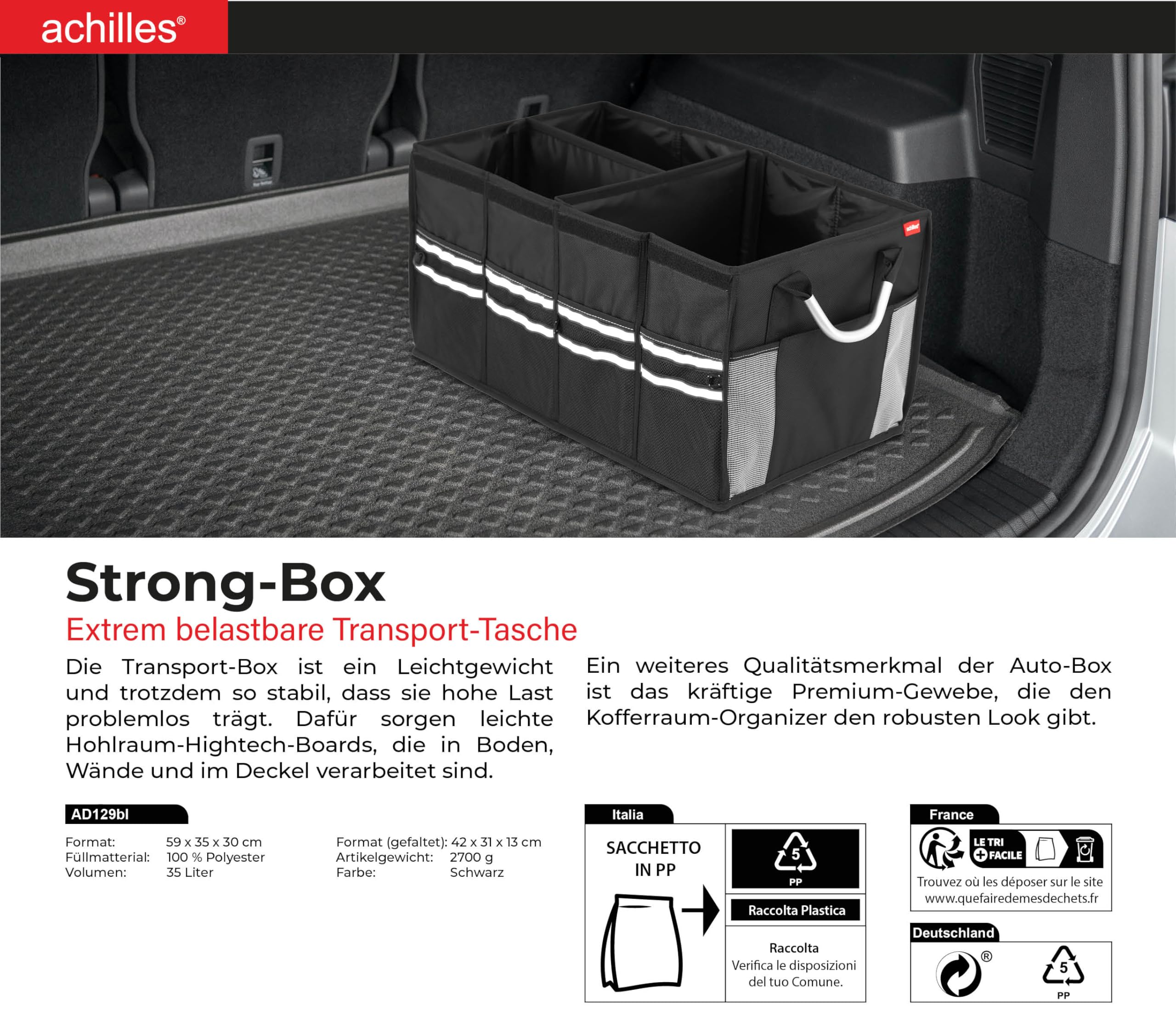 achilles Strong-Box - extrem belastbare Transport-Tasche - Faltbox für den Kofferraum, Reisen oder den Einkauf (Schwarz)
