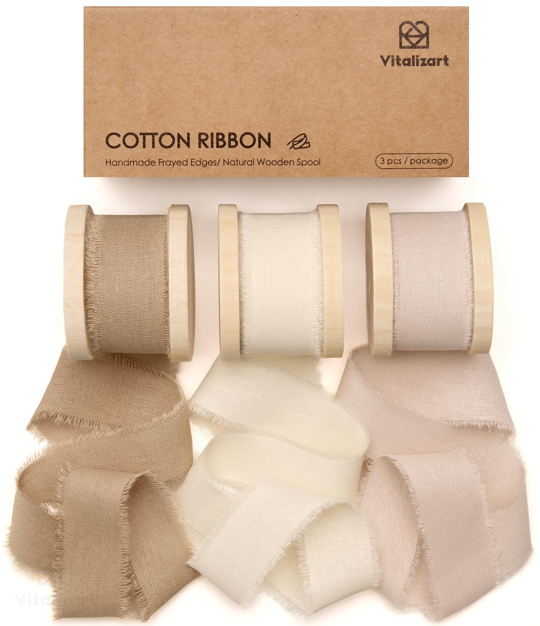 Vitalizart 1 in x 15 Yd Brown & Ivory & Nude Ribbon Handmade Frayed Fringe, 3 Rolls x 5 Yd Vintage Cotton Ribbons for Wrapping Wedding Invites, Bridal Bouquets, Gifts & Crafts & Home Decoration