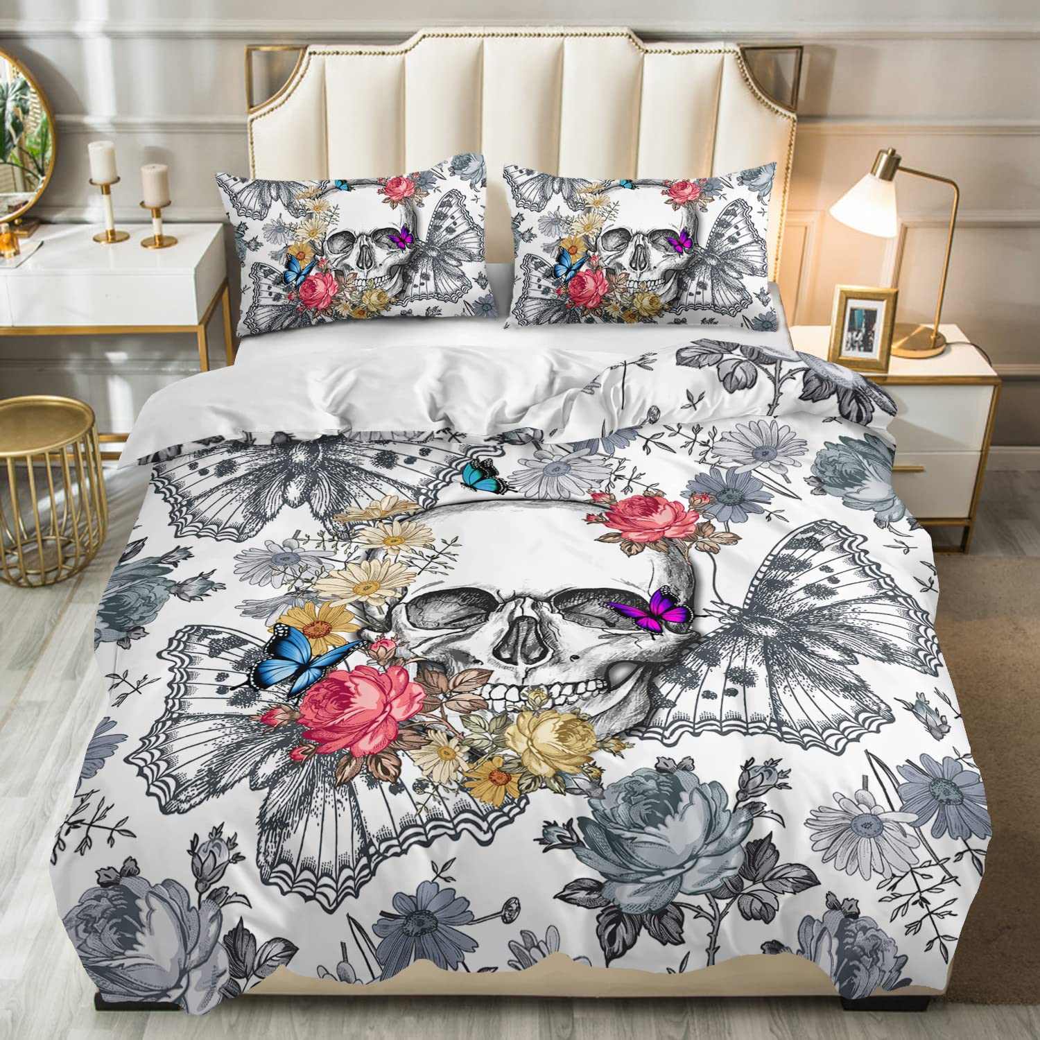AILONEN Kids' Black & White Butterfly Skull Print Bedding - King Size, 3-Piece Set with Comforter Cover