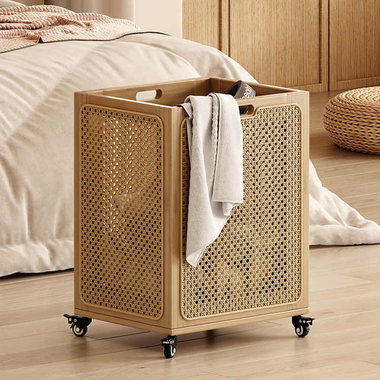 SFSLBFB Bamboo Laundry Hamper Sorter Cart with Wheels and Handle, Rolling Laundry Basket for Bedroom and Bathroom Storage, Hollow Design and Large Opening