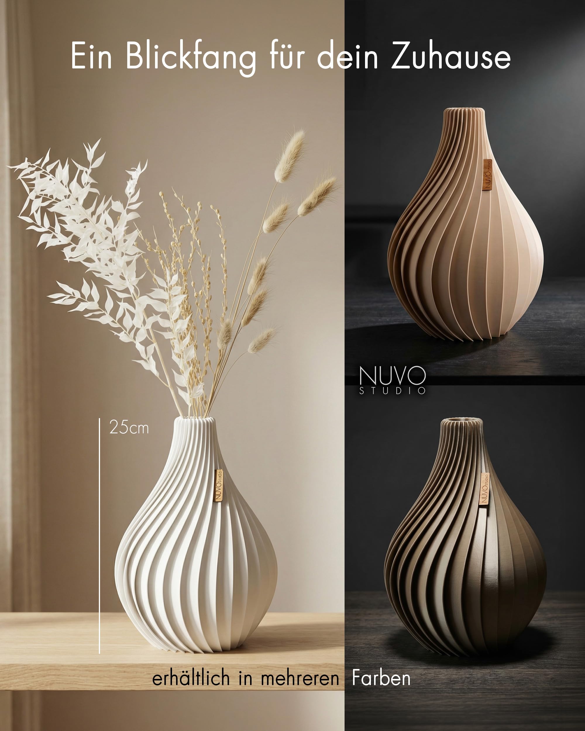Vase „Ventura“ 25cm – Set mit Strauß – Moderne Vase für Trockenblumen & frische Blumen – wasserdicht – nachhaltig & 3D-gedruckt in Deutschland (Champagne, L, Set mit Strauß)