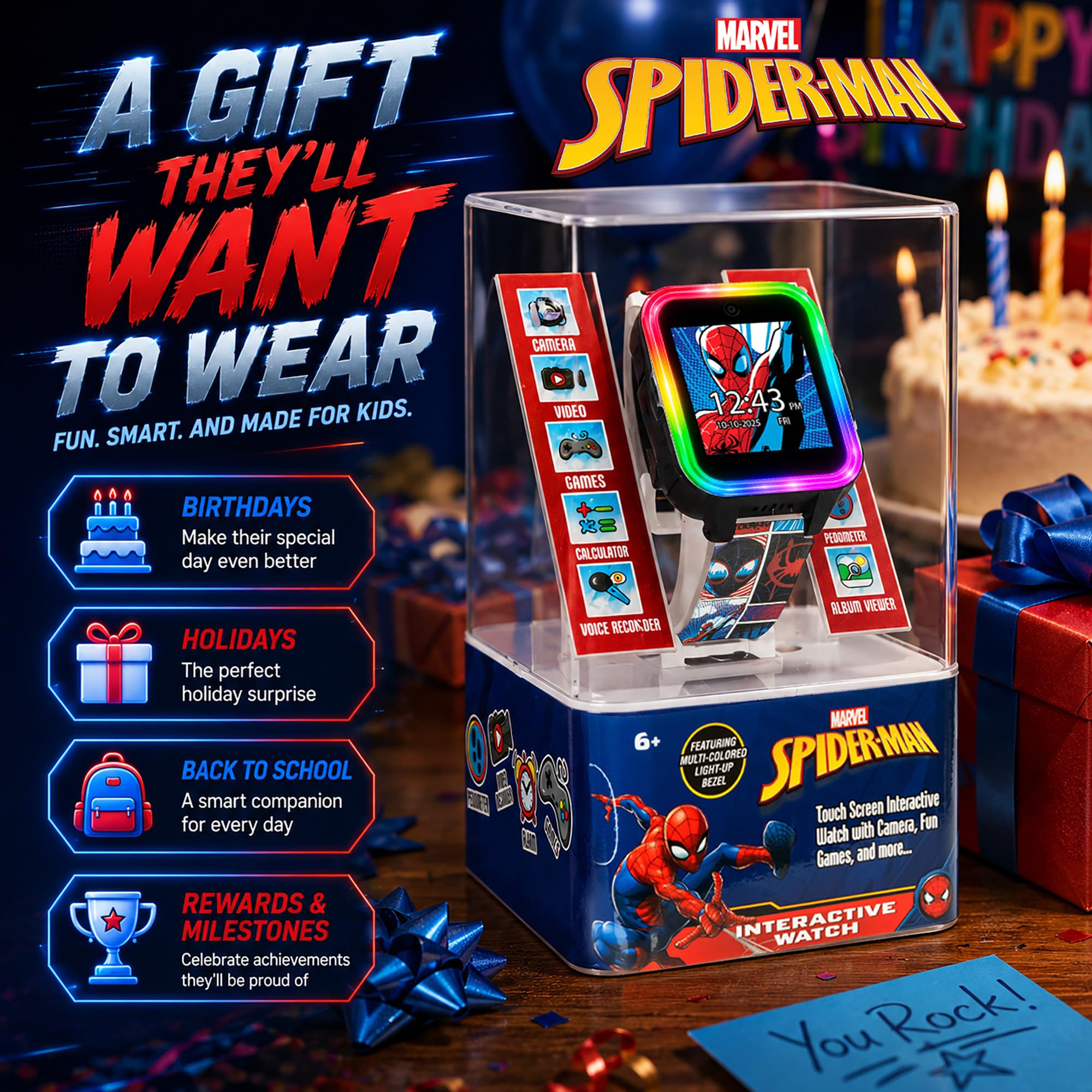 Marvel Spider-Man Kids Smartwatch interattivo con touchscreen, giochi, fotocamera, timer e contapassi, per ragazzi e ragazze, 10 quadranti, 3 sfondi, cinturino rosso e blu, lunetta luminosa a LED,