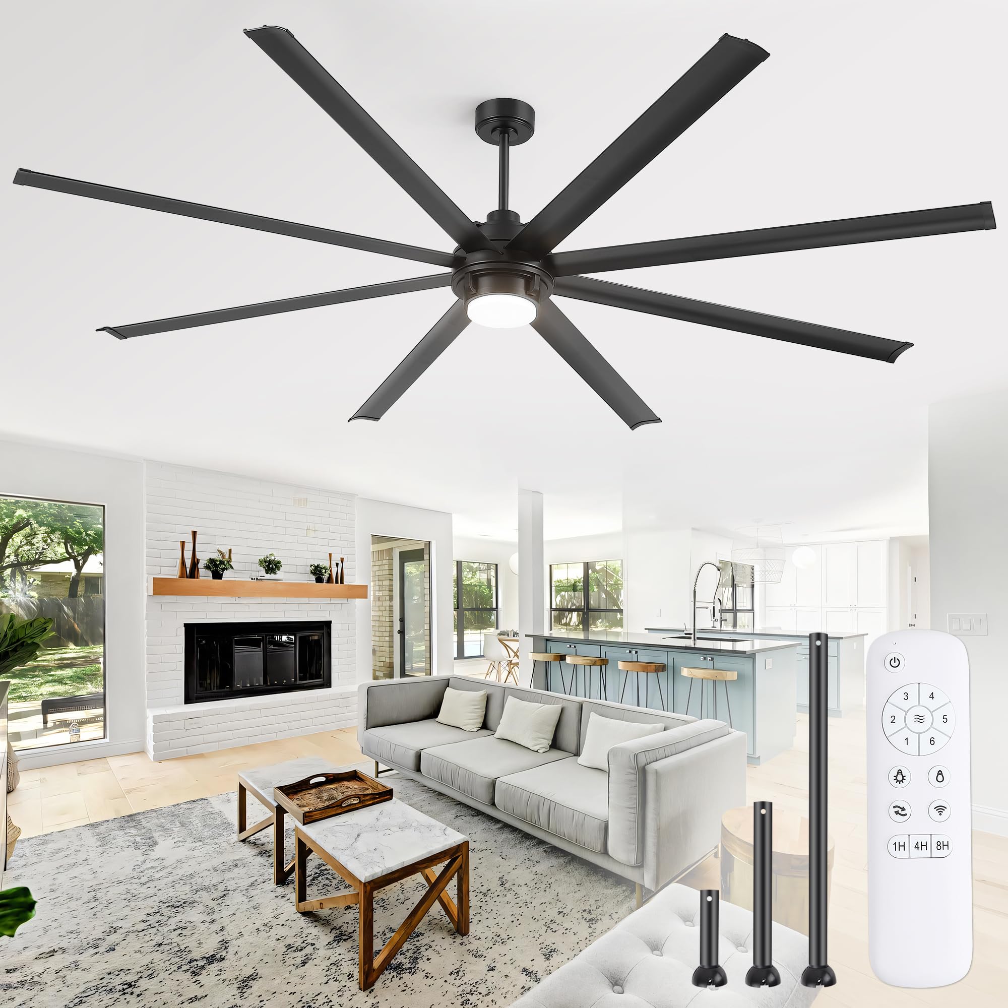 96 inch Large Ceiling Fan Outdoor Industrial Ceiling Fan with Light and Remote, 6-Speed, 3CCT, 8 Aluminum Blades, Modern Black Big Assed Ceiling Fans for Patios Garage Shop Porch Indoor