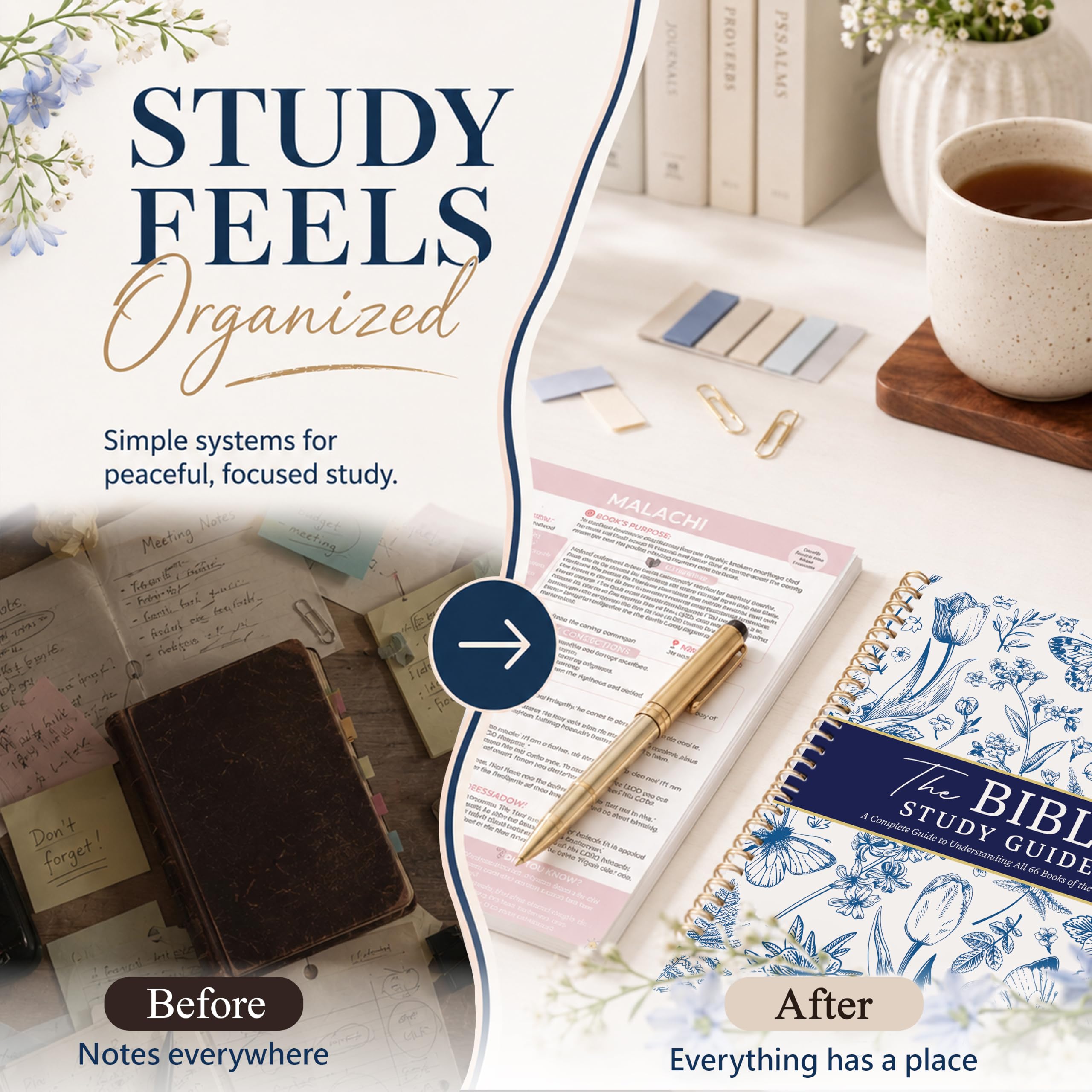 UnimaxPrint Guida allo studio della Bibbia per donne, floreale blu francese Tutti i 66 libri | Diario rilegato a spirale, 21,6 x 27,9 cm, adatto per principianti, con note di applicazione e riflessione, regali cristiani