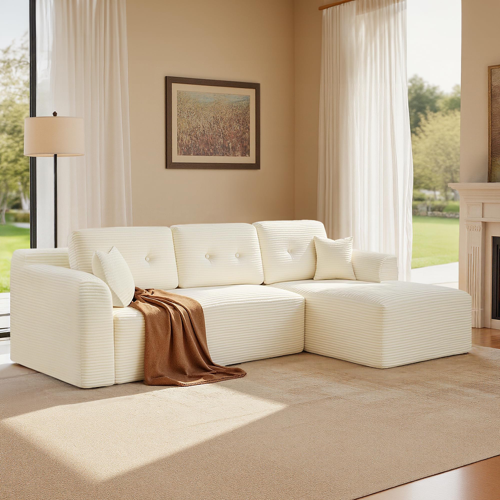 VASAGLE Canapé d’Angle, Canapé Modulable 244 cm, Livré Compressé en Colis, sans Montage, avec Grande Méridienne à Droite, pour Salon, Chambre d’Amis, Blanc Crème LCS184WD01