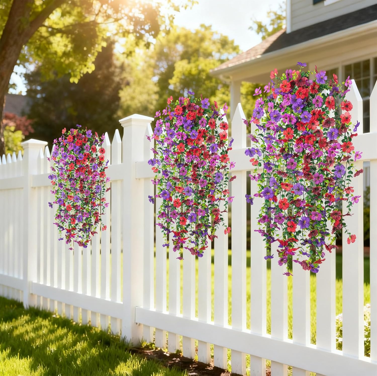 Hrobek Artificial Hanging Plants Flowers for Outdoor Srpring Summer Decoration, 4pcs Fake Realistic Daisy Eucalyptus for Outdoors, Faux Plastic Greenery Indoor Wall Patio Porch Decor,Purple Red Brown