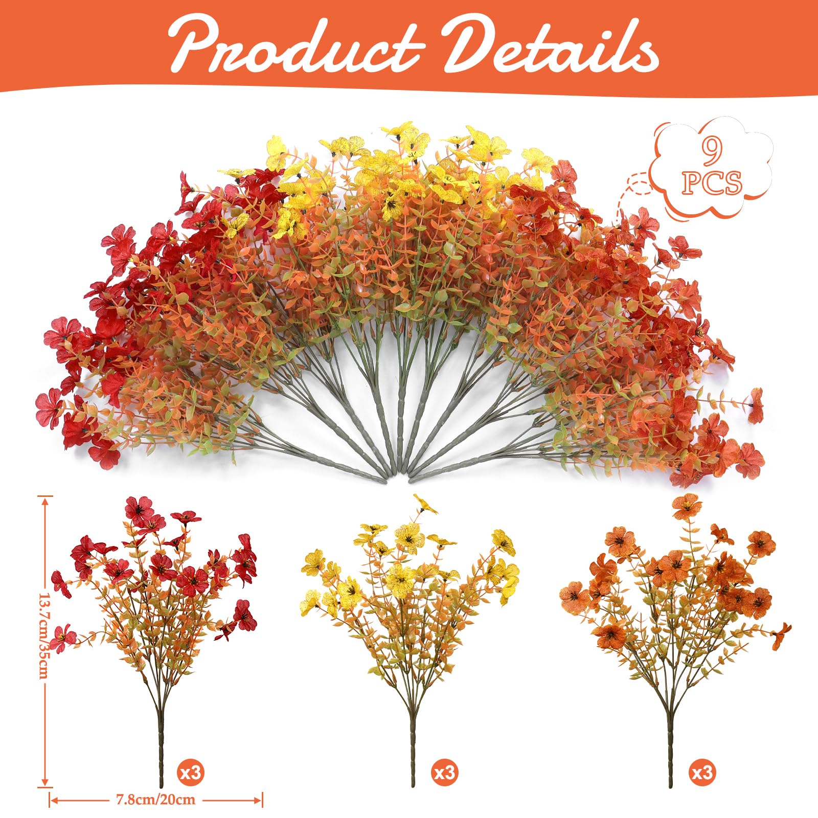 LOMOHOO Autumn Artificial Flowers 9 Bundles Orange Artificial Flowers Outdoor UV Resistant Autumn Decorations - Image 2