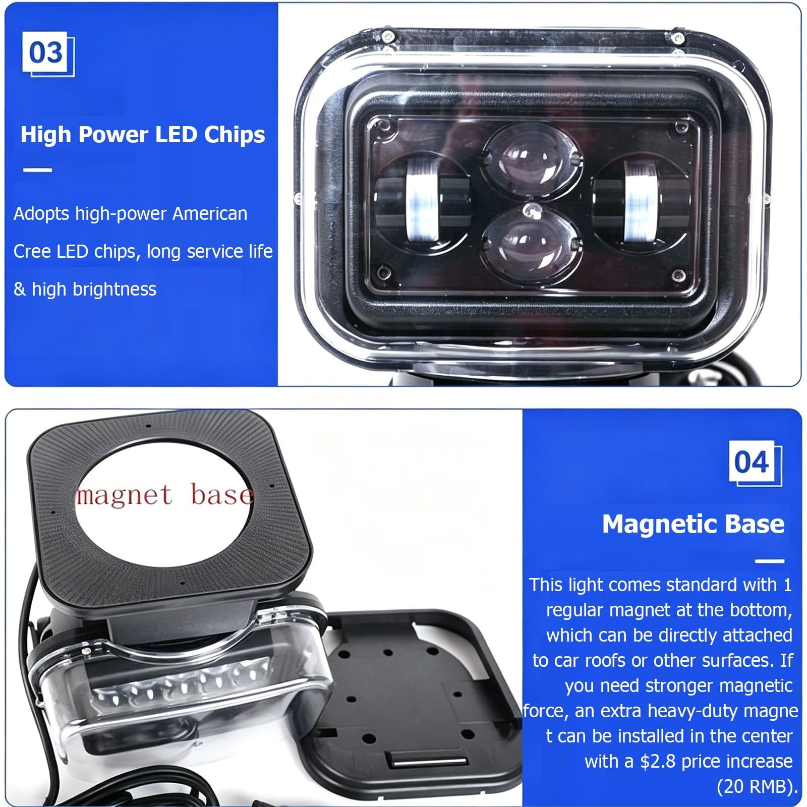 Reflektor Led 60 W, Zdalnie Sterowany, Z Mocną Podstawą Magnetyczną, Wodoodporny Ip65, Obracany O 137° W Pionie I 380° W Poziomie, Do Samochodów Ciężarowych, Terenowych, Suv-ów, Morskich