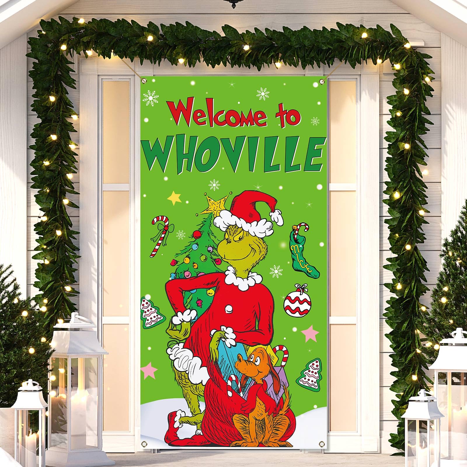 Nepnuser Welcome Christmas Door Cover Green Elf Xmas Winter Holiday Party Decoration Backdrop Door Hanging Banner (Green-B)