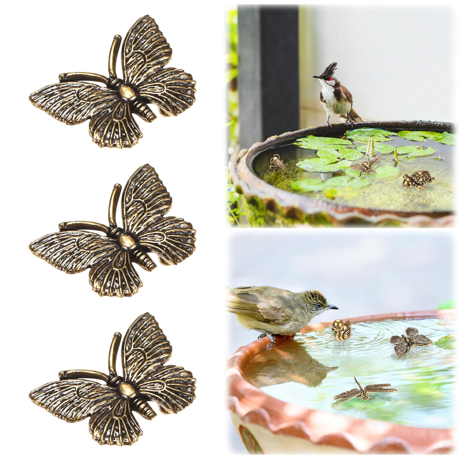 M METERXITY 3-Pack Bird Bath Copper Disk, Mini Bird Bath Copper Ornaments for Outdoor Birdbaths/Bowl Decor [Butterfly]