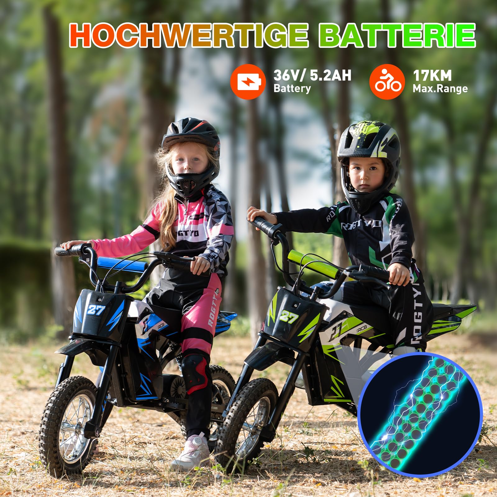 R9X Elektro Motorrad Kinder, Elektromotorrad mit 3 Geschwindigkeitsmodus, Max 25km/h, 36V/5,2Ah Akku, Reichweite 17KM, 12 Zoll Luftreifen, Moto Crossbike für Kinder （blau）