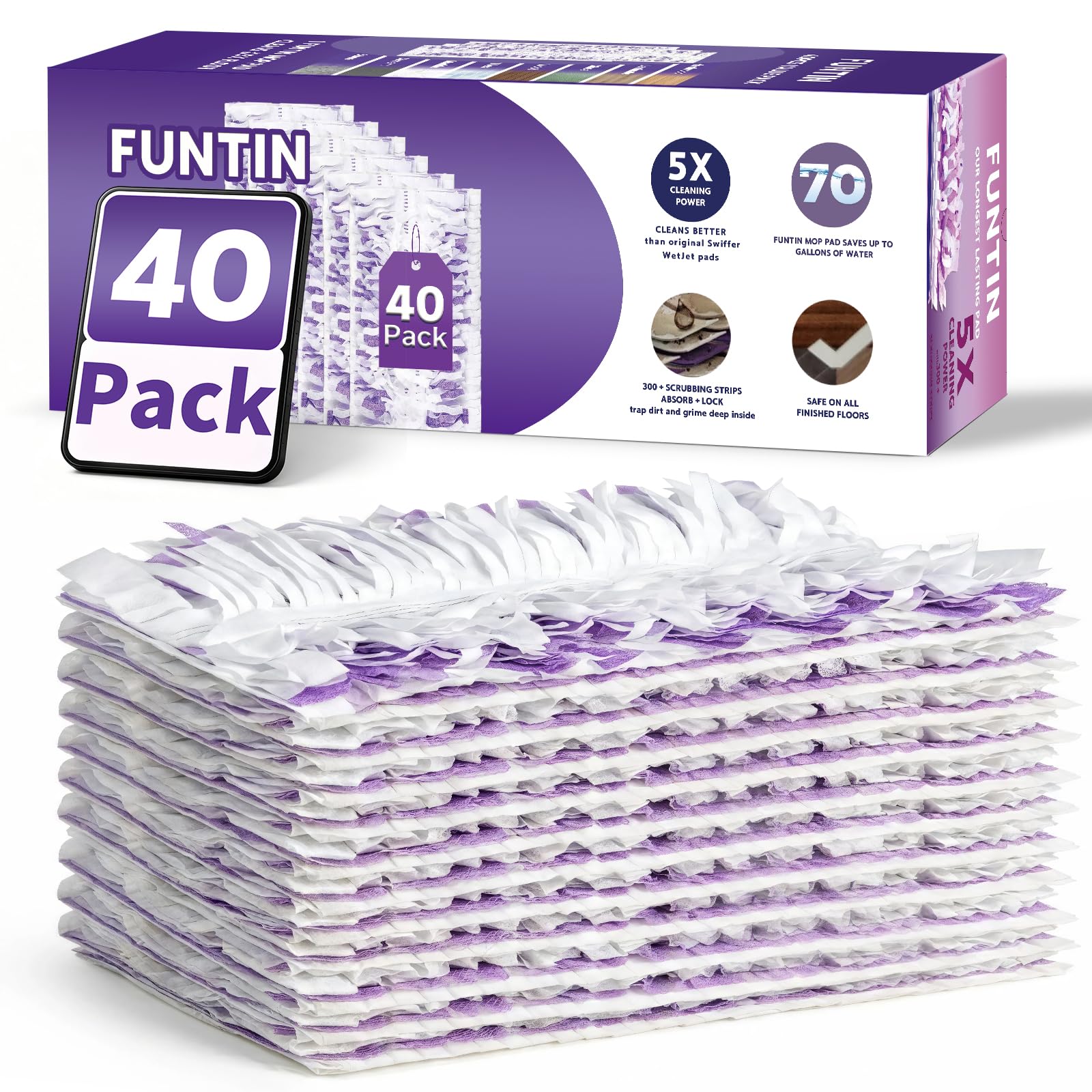 Funtin Almohadillas de mopa Power Mop para Swiffer PowerMop, recambios de fregona desechables sin perfume, almohadilla de repuesto gruesa multisuperficie, uso seco y húmedo para limpieza de suelos (40