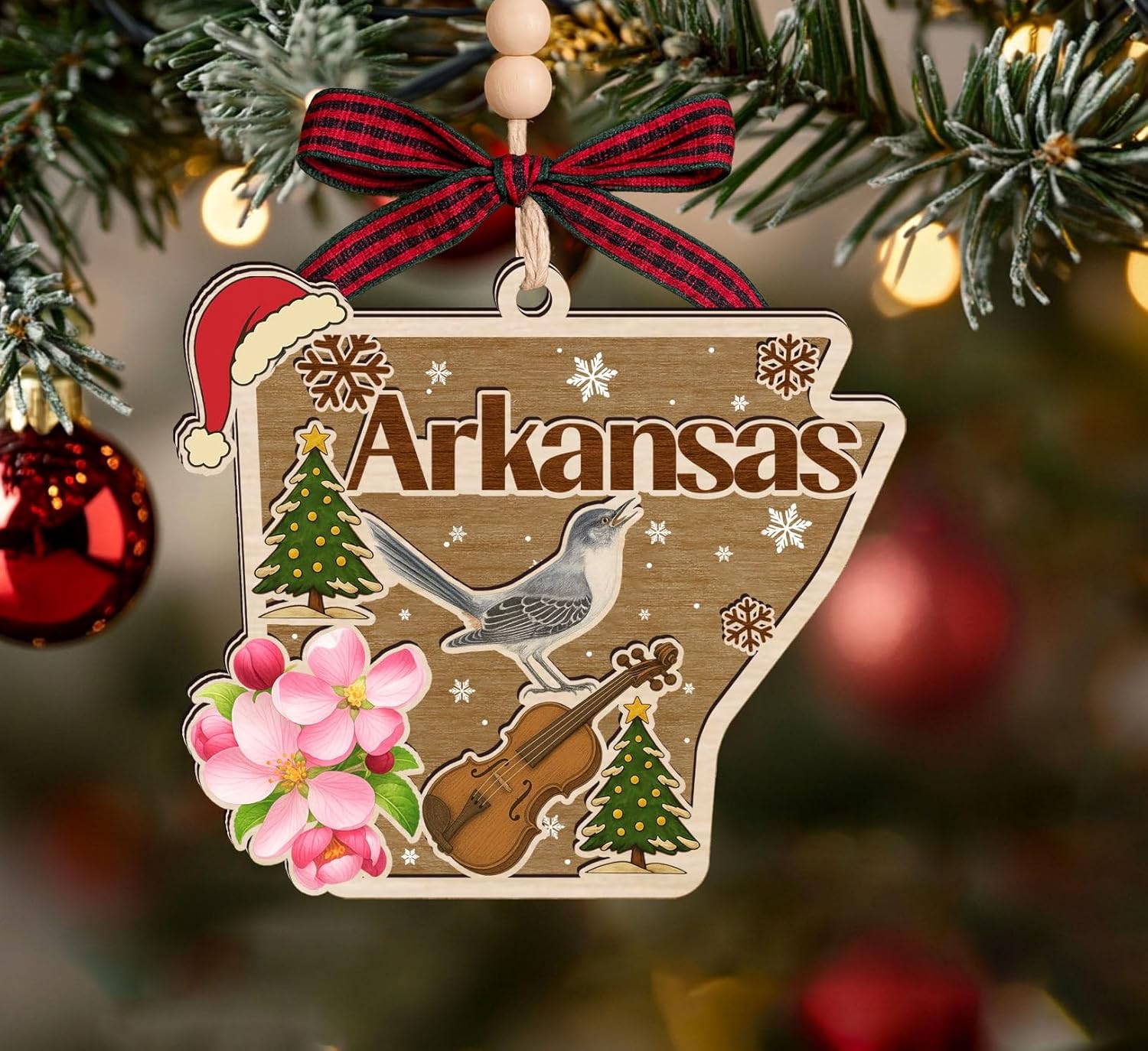 Arkansas State Christmas Wooden Ornament - State USA Ornament - Moving to Arkansas Gift - Travel Gift - 2 Layer Laser Cut Wooden Ornament