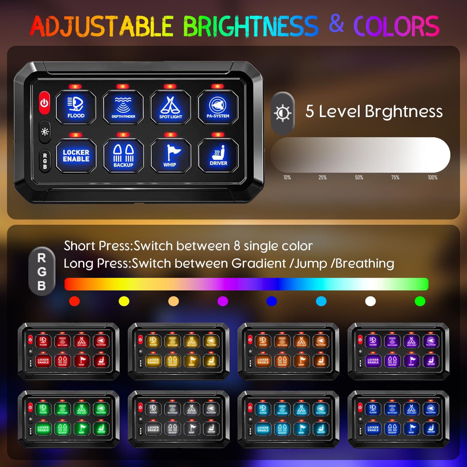 Chelhead Panel przełącznika 8 Gang RGB 12V/24 V z przekaźnikiem i bezpiecznikiem | Wodoszczelność IP65, 5 poziomów jasności i 3 silikonowe przyciski do łatwego sterowania akcesoriami