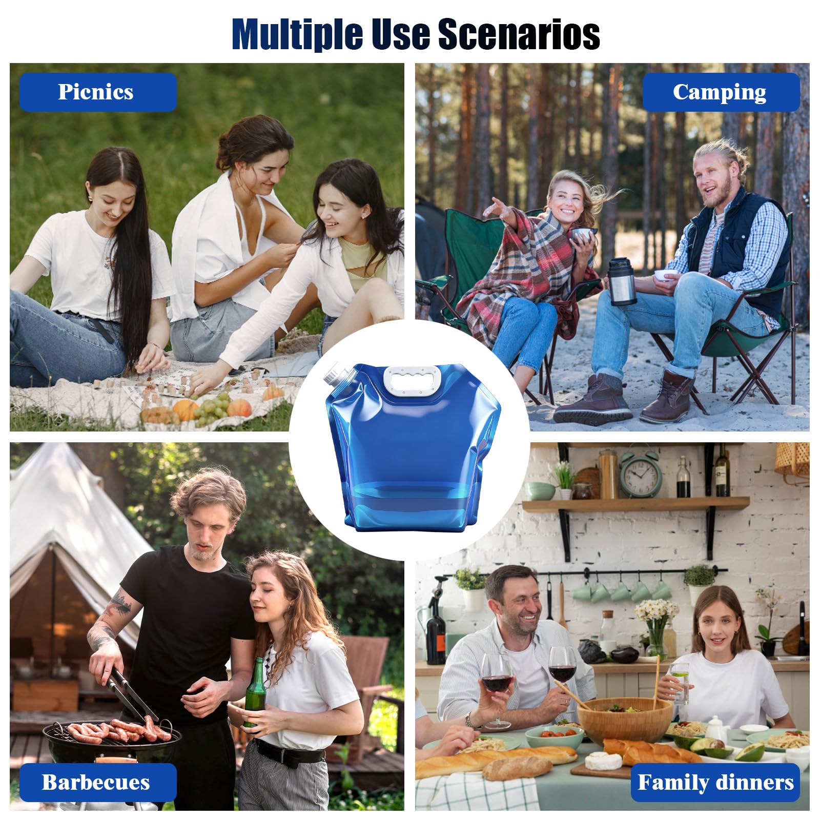 4 Pezzi Tanica Acqua Pieghevole 10L, Tanica Pieghevole, Senza BPA, Taniche per Acqua Portatili, Contenitori Pieghevoli per Acqua, Riutilizzabile, per Campeggio, Emergenza, Picnic, Blu