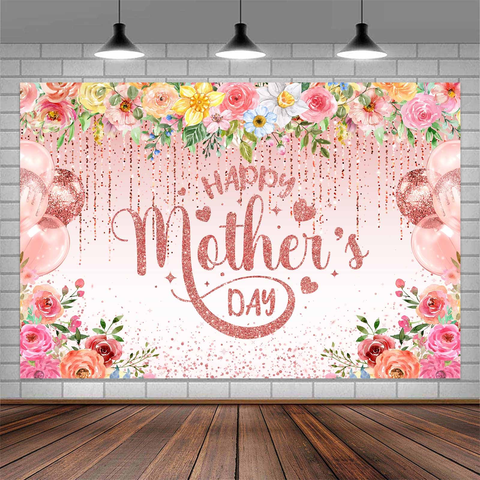 7 x 5 ft Mother's Day Backdrop Pink Rose Gold Floral Flower Photo Backdrop Mother's Day Party Decorations Photography Background Event Gifts Banner I