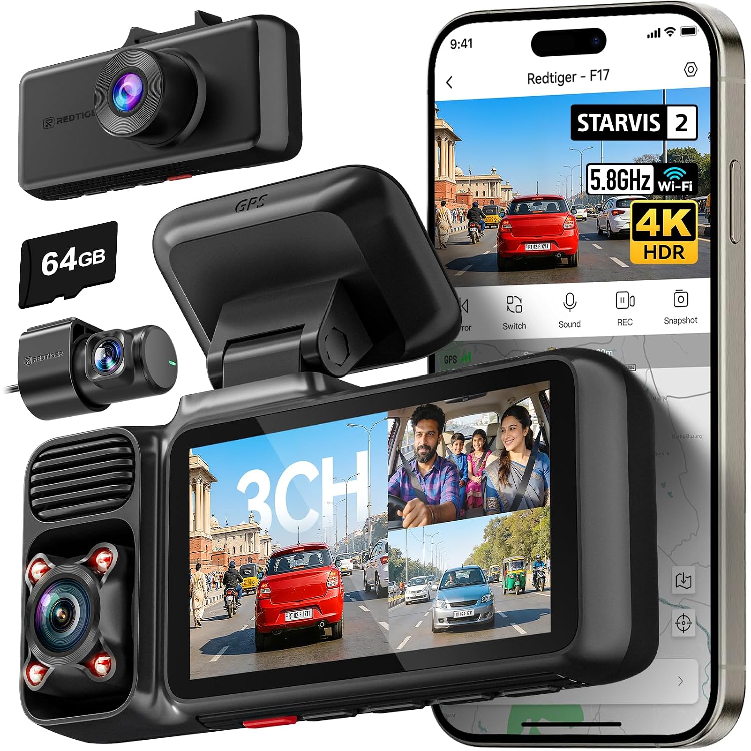 REDTIGER F17 2026 Edition 4K 3 Channel Dash Cam for Car, Upgraded STARVIS 2 IMX675 Sensor, 4K Front + 1080P Cabin + 1080P Rear, 5.8GHz WiFi + GPS, IR Night View, WDR, 64GB Card Included
