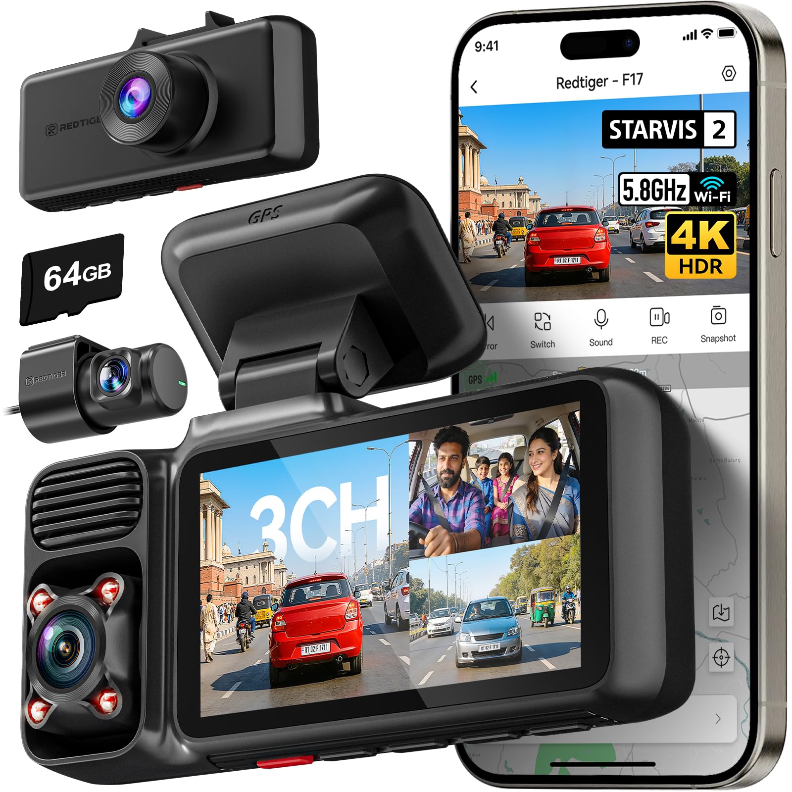 RedTiger F17 4K Triple Dash Cam with 5G WiFi GPS 64GB