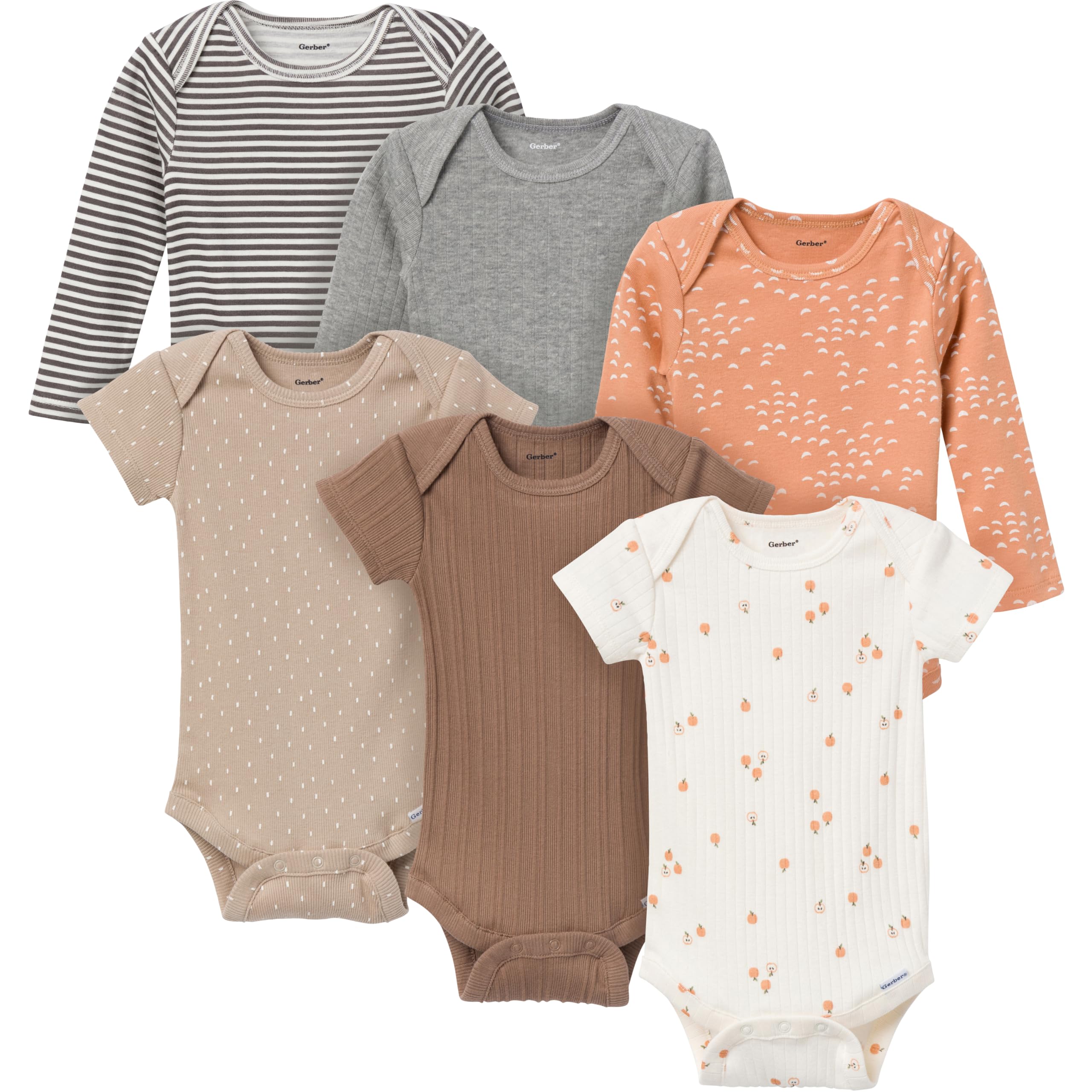 Gerber Unisex Baby Multi-Pack Onesies Bodysuits (Short and Long Sleeve), Tan Little Apples, 6-9 Months