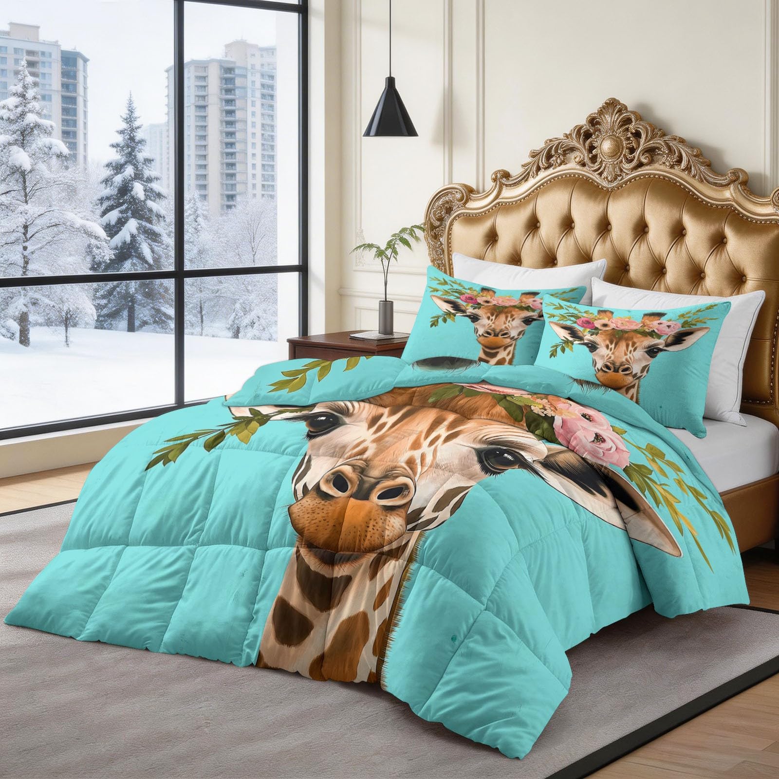 CozyRest Edredon Relleno nordico Cama Infantil Algodón - Jirafa Estilo Bohemio Cama 105 - Bebe rellena Juego de Manta 200x200 cm con Almohada 50 x 75 cm por niños e niñas Turquesa