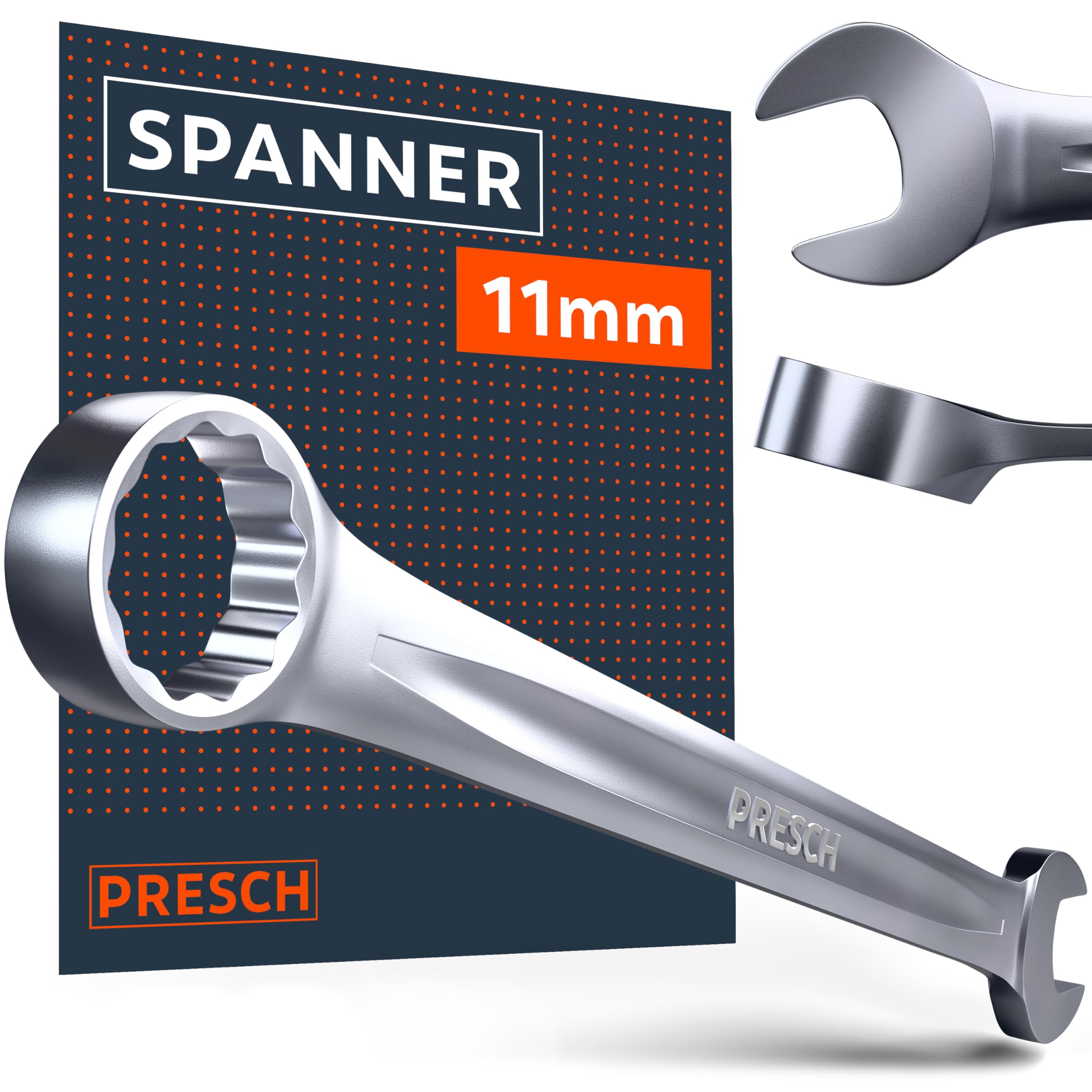 PRESCH Combination Spanner 11mm, Precision-machined & exceptionally Robust Spanner, 15° Angled for Tight-Space Work