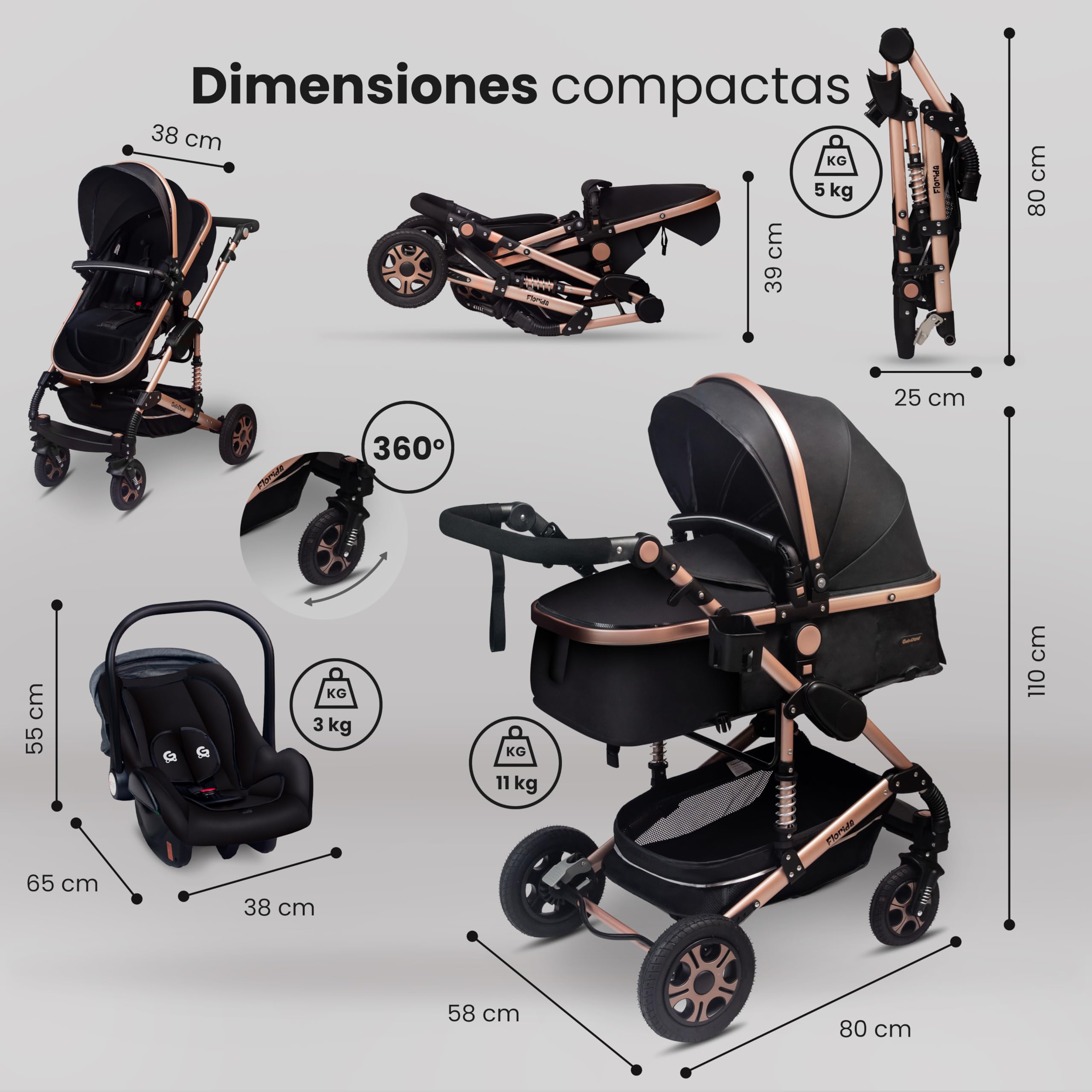 GaGaGaDumi Florida 3 en 1 cochecito completo con asiento de coche - Baby Stroller 3 en 1 TÜV - Cochecito combinado 3 en 1 juego completo de neumáticos completos, bolsa de pañales, Negro/negro