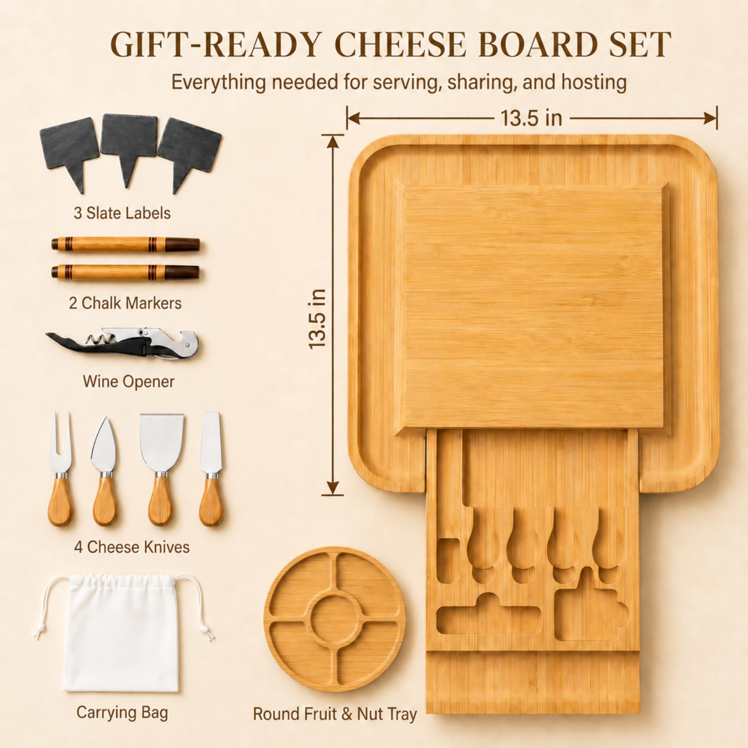 Bambusi Käsebrett und Messer Set - Premium Bambusholz Charcuterie Serviertablett mit Besteck - Perfekt für Einweihungsfeier, Hochzeit & Geburtstag Geschenk