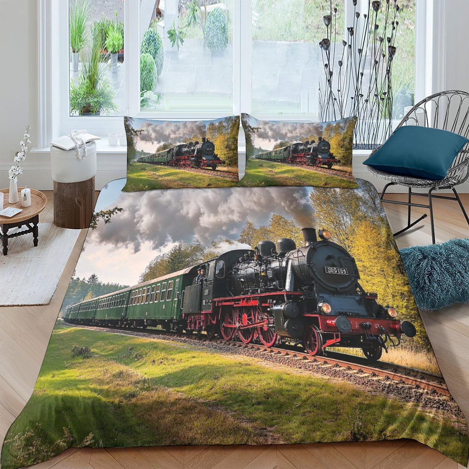 Ctjqhvkz Style-2 3D Printed Steam Train Fitted Sheet Microfiber Railway Landscape Bed Cover For Bedroom Guest Room Dorm Mattress Protection Decor Single（135X200cm）