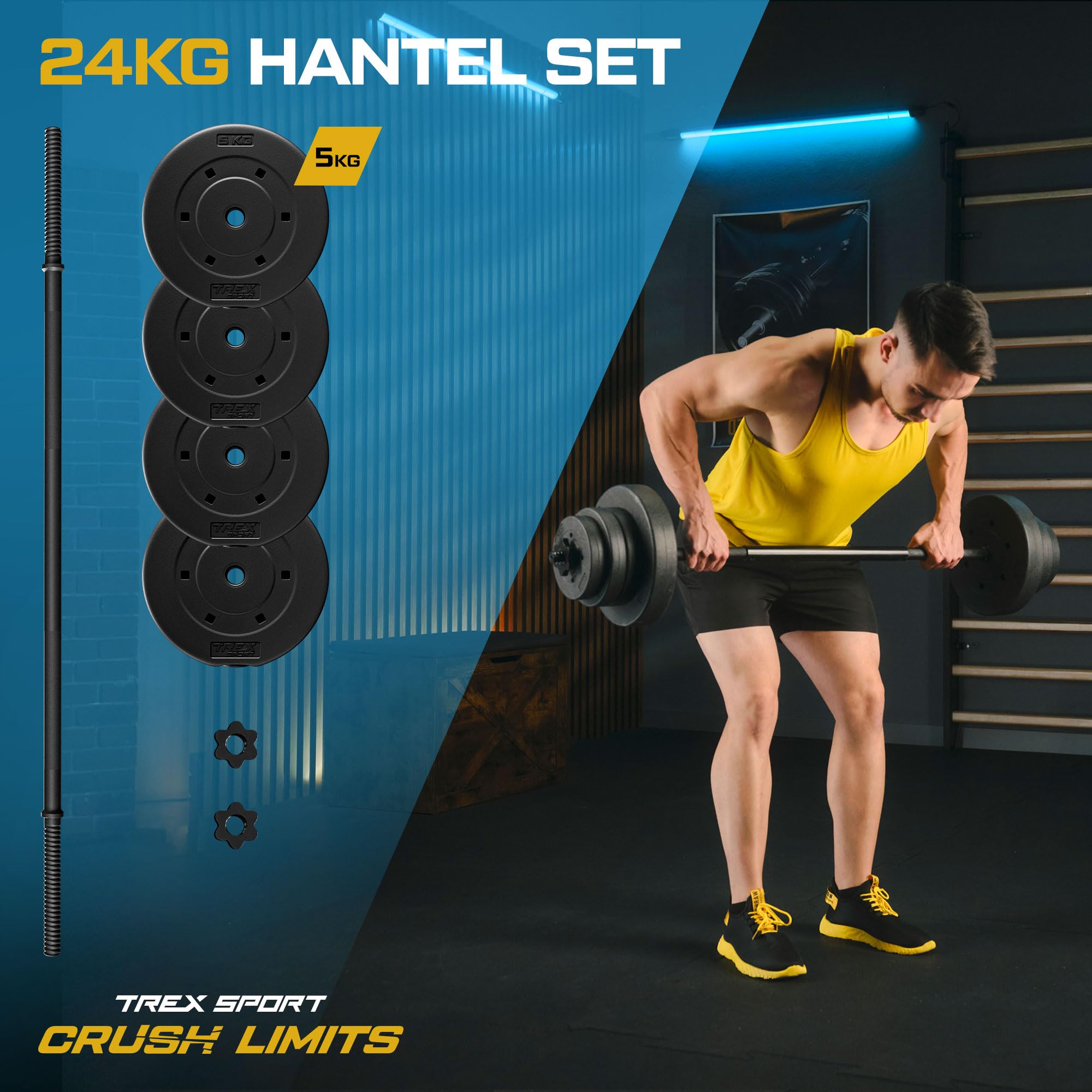 TREX SPORT Langhantel Set 24 kg | Hantelset mit Langhantelstange 120 cm | Kunststoff Hantelscheiben, Sternverschlüsse, Home Gym Krafttraining, langlebig