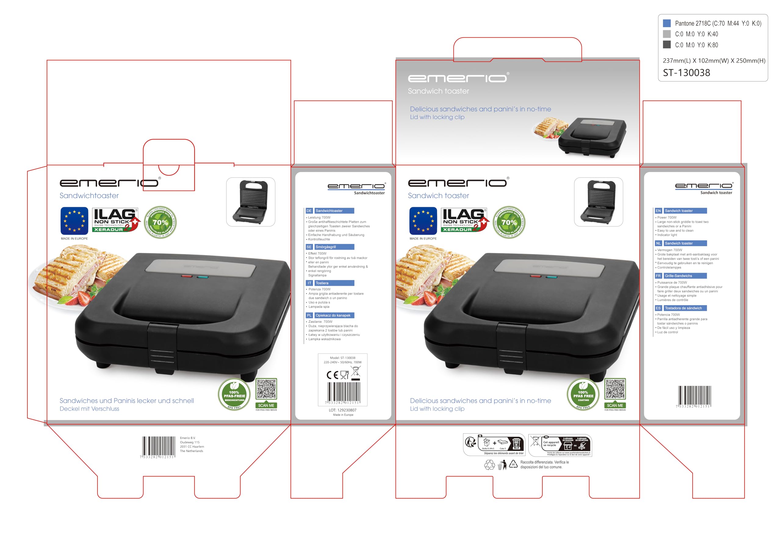 Emerio ILAG (Xeradur 2) Sandwichmaker Paninigrill, gemaakt van ca. 70% gerecycled kunststof, zeer duurzaam, 700 W, ST-130038