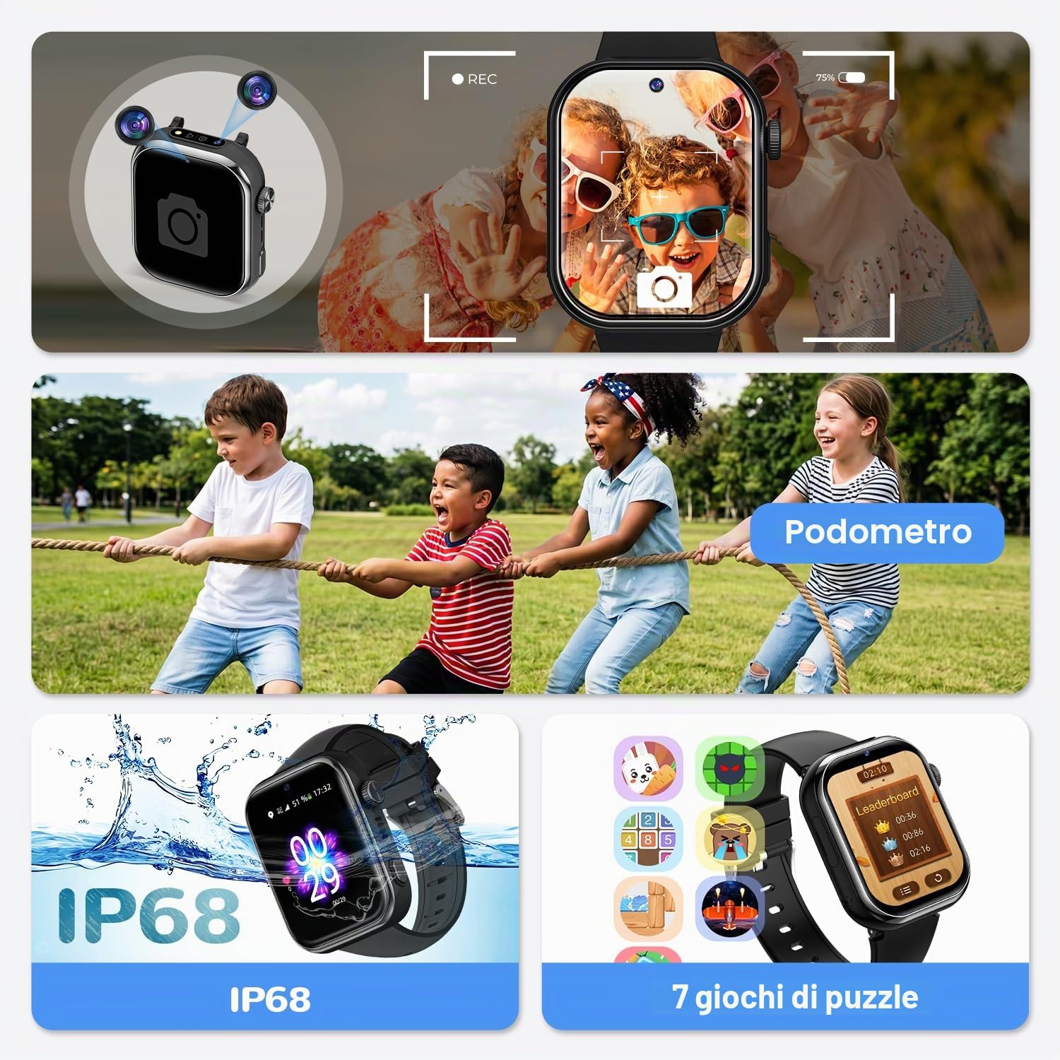4G Smartwatch Bambini, Orologio GPS Bambini con Chiamate Videochiamate, Chat Vocale, modalità Scuola, Doppia Fotocamera, Sveglia, Contapassi, IP68 Calcolatrice Smart Watch per Ragazzi e Ragazze, Nero