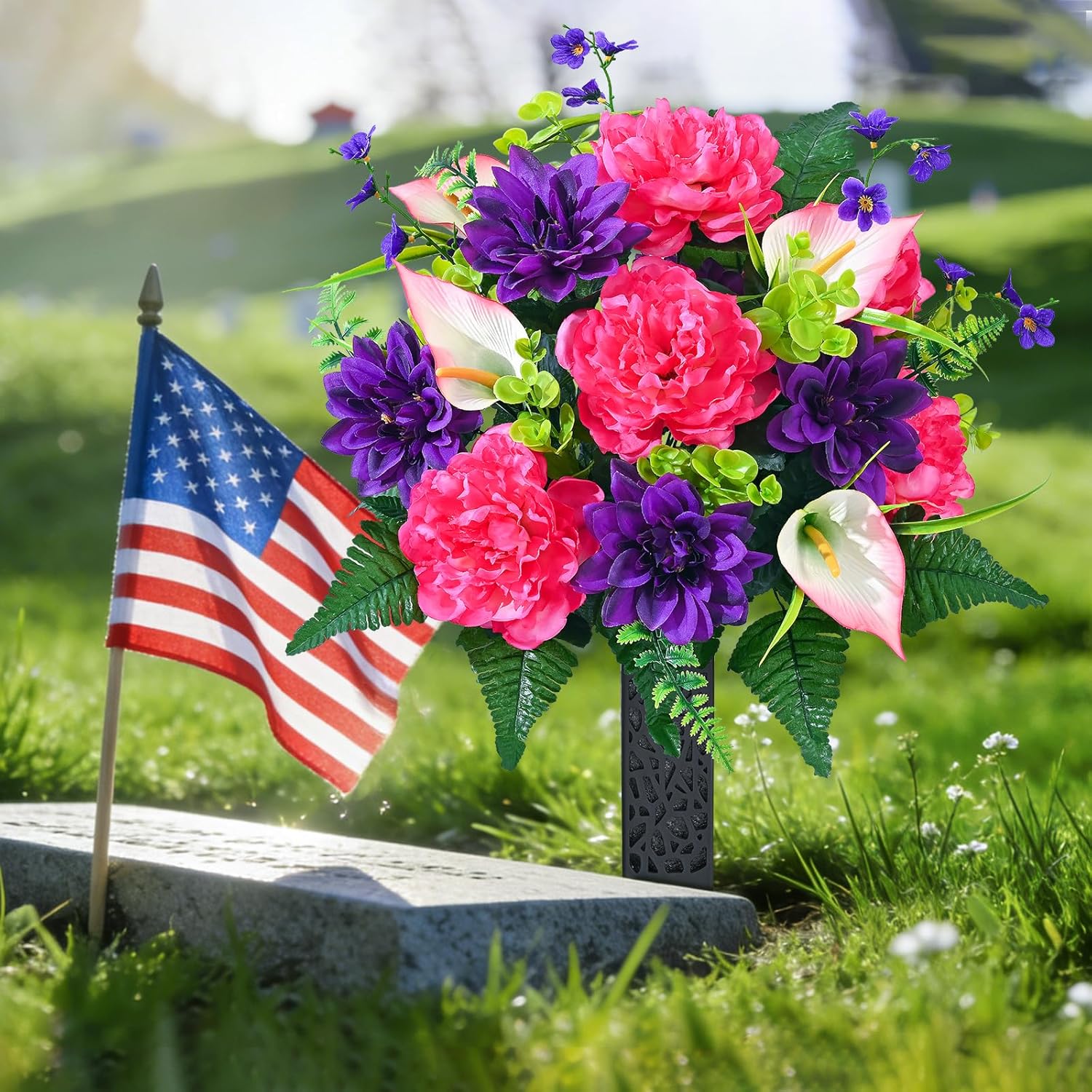 Dolicer Artificial Cemetery Flowers for Grave, Set of 2 Memorial Grave Flowers for Cemetery with Vase Realistic Silk Gravesites UV Resistant Peony Flowers Decorations (Red with Purple)