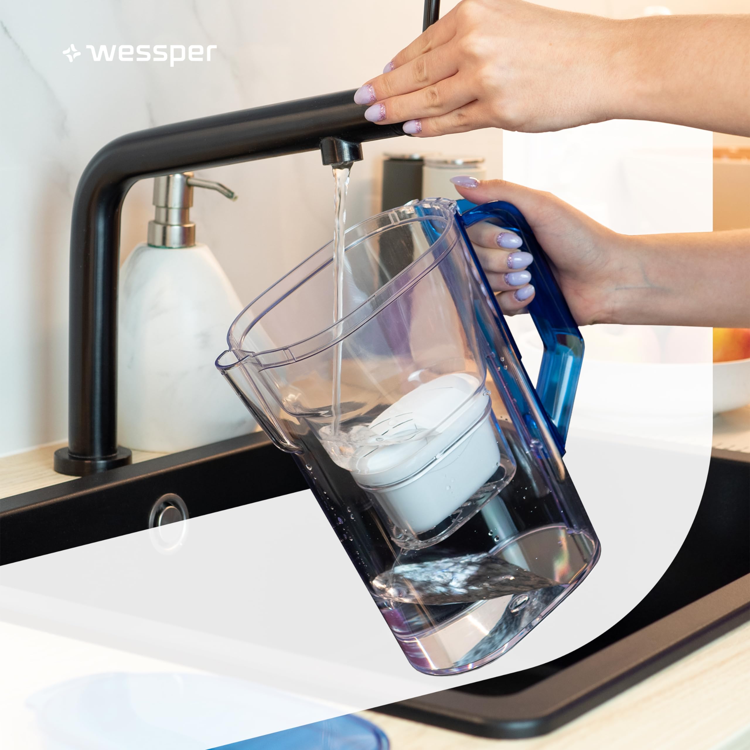 Wessper Caraffa Filtrante con Filtri, Caraffa per Frigorifero da 2,7 Litri, Cartucce per Acqua con Carbone Attivo e Rresina a Scambio Ionico, Caraffe e set di 6 Filtro - Blu