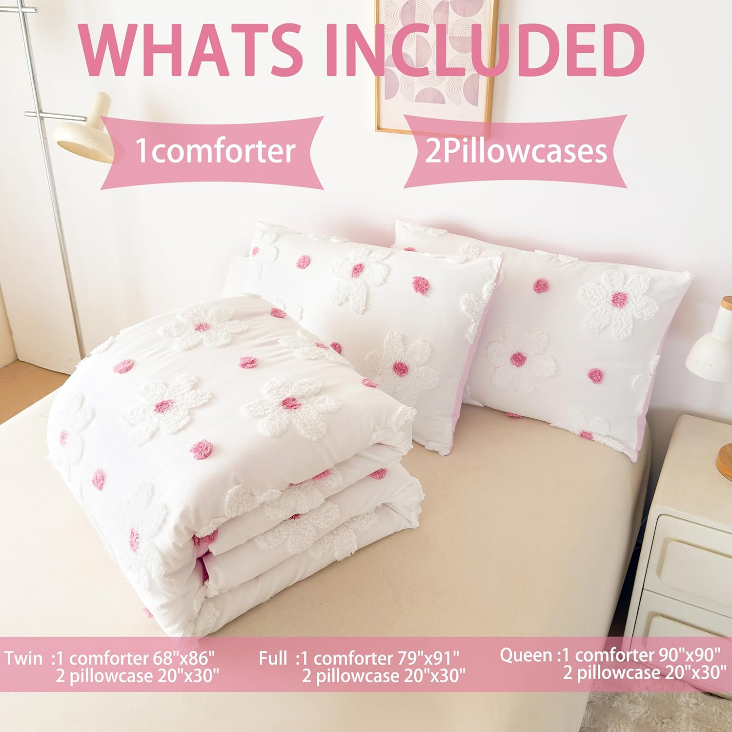 Floral Bedding Set for Girls - Soft Polyester Twin Comforter Set for Girls, Flower Comforter Set for Kids, Pink & White Cute Decorative Twin Bedding Set, All-Season Comfort Set