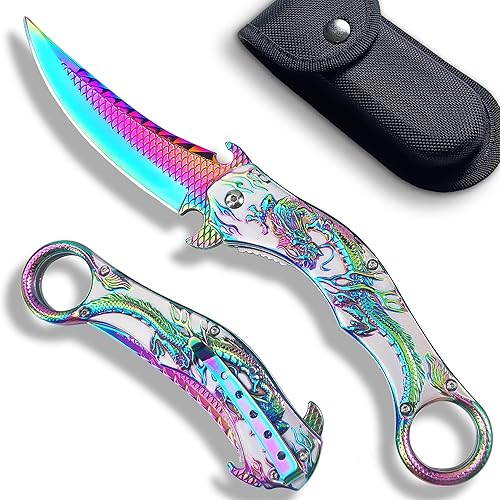 Cuchillo de bolsillo, 9Cr18Mo BLADE Cuchillo plegable de bolsillo con funda, genial cuchillo EDC de dragón 3D, gran cuchillo de bolsillo de regalo