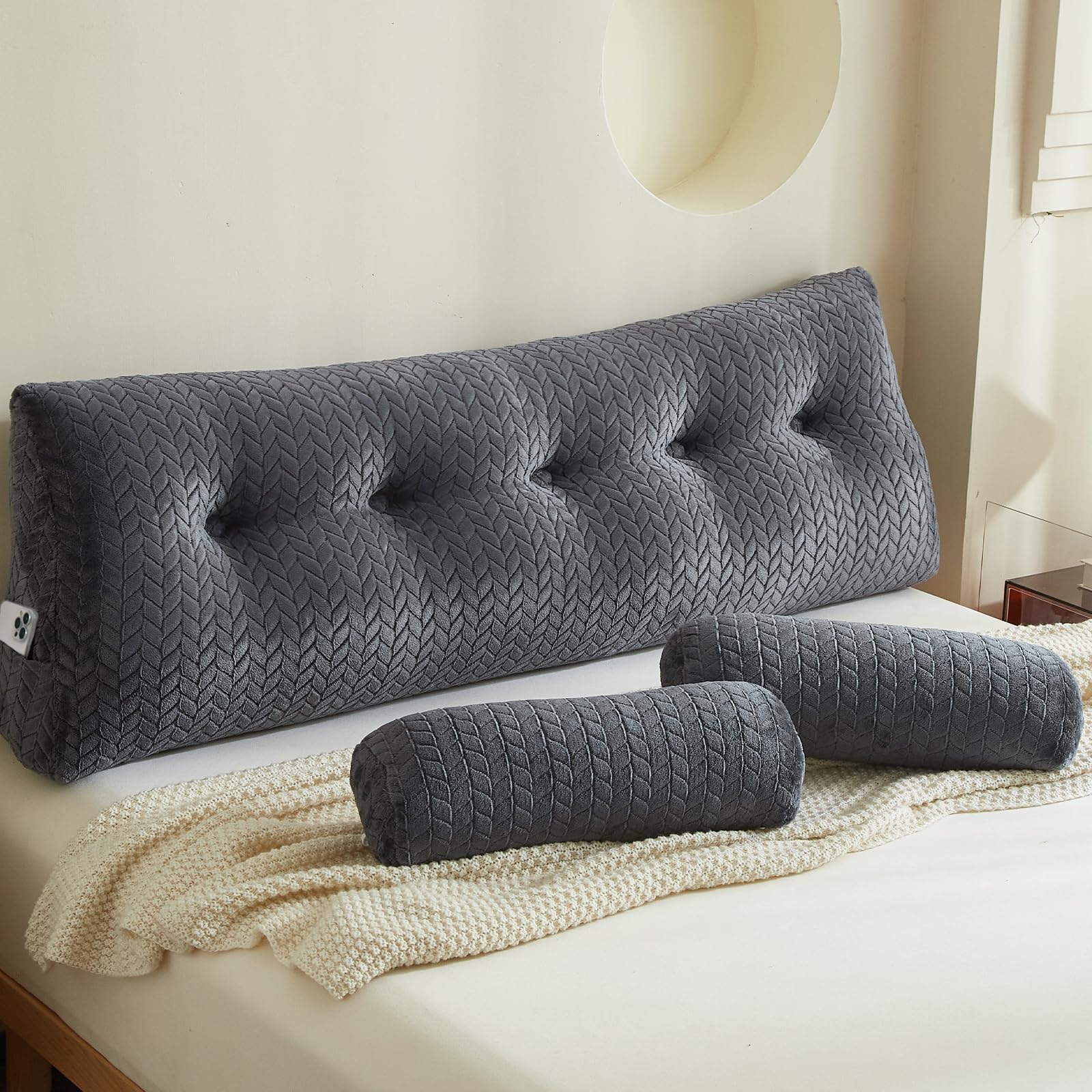 Photo 1 of ***TEAR*** YOUR MOON Wedge Headboard Pillow King Size, Triangular Wedge Backrest Pillow with 1 Pack Neck Roll Pillows, Headboard Pillow for Bed,Daybed,and Lounging, Large Bed Bolster Pillows,Dark Gray