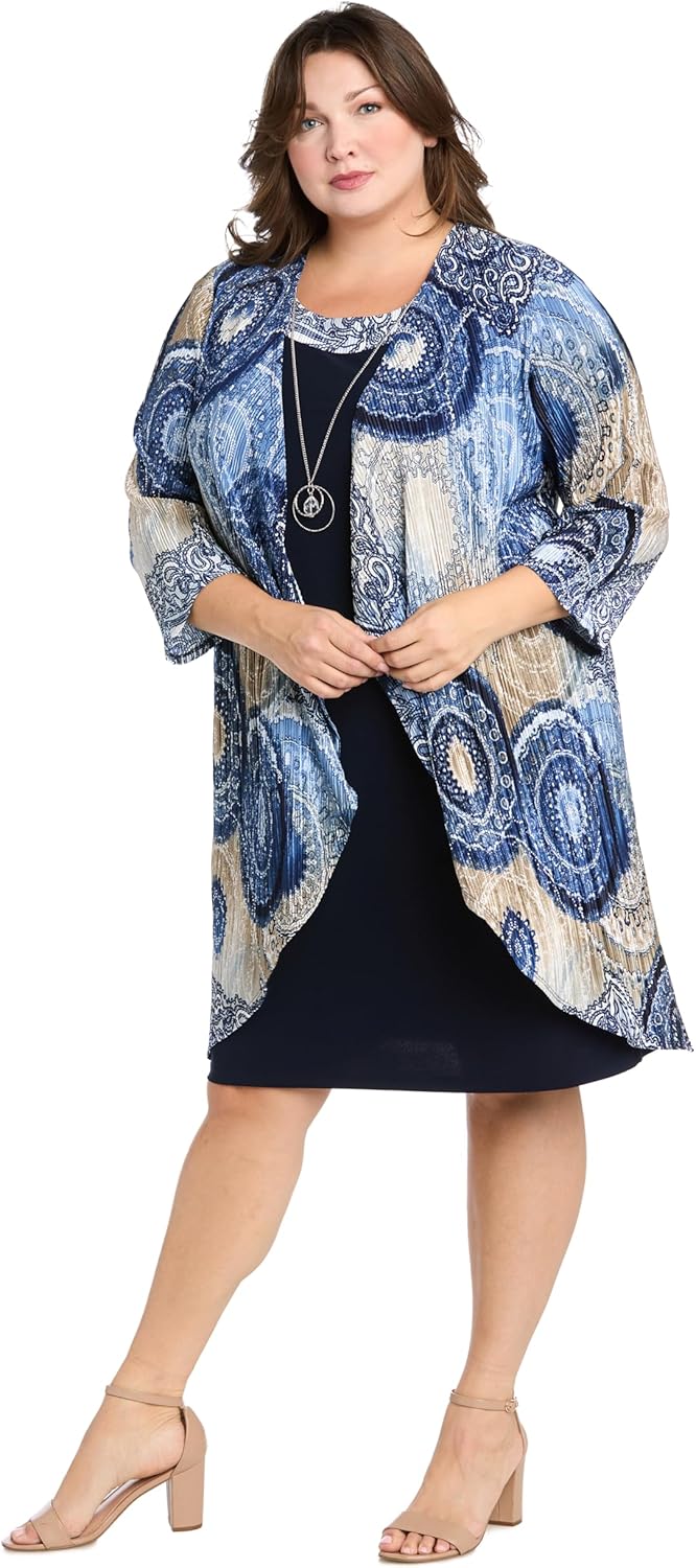 R&M Richards Flyaway Airbrush Puff Print Jacket Dress W/Detachable Necklace