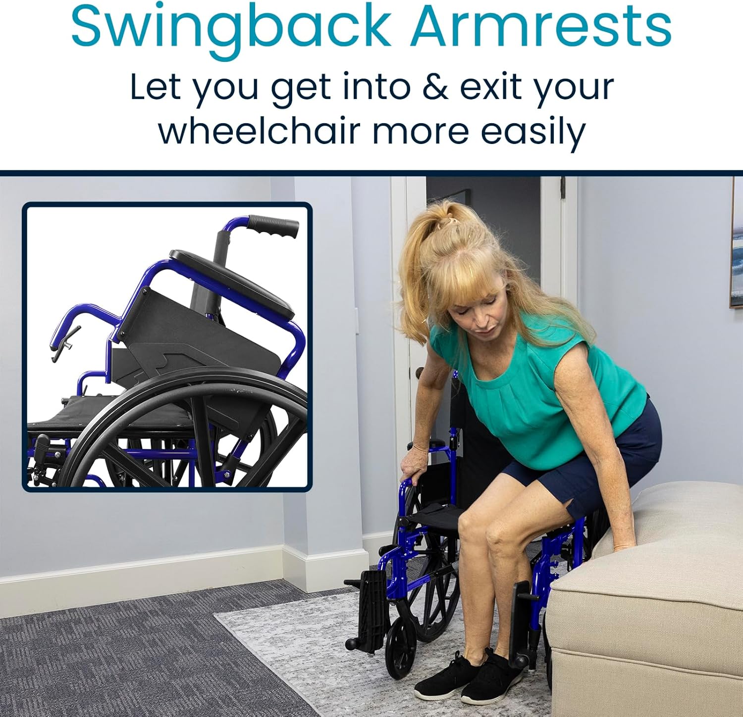 Woman demonstrating how to use swingback armrests for easier transfer